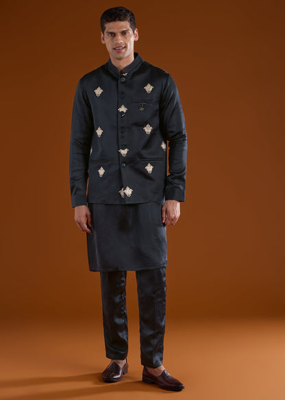 Black Embroidered Silk Linen Kurta Jacket Set