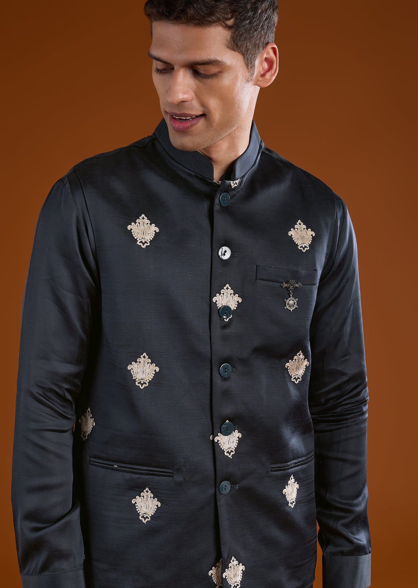 Black Embroidered Silk Linen Kurta Jacket Set