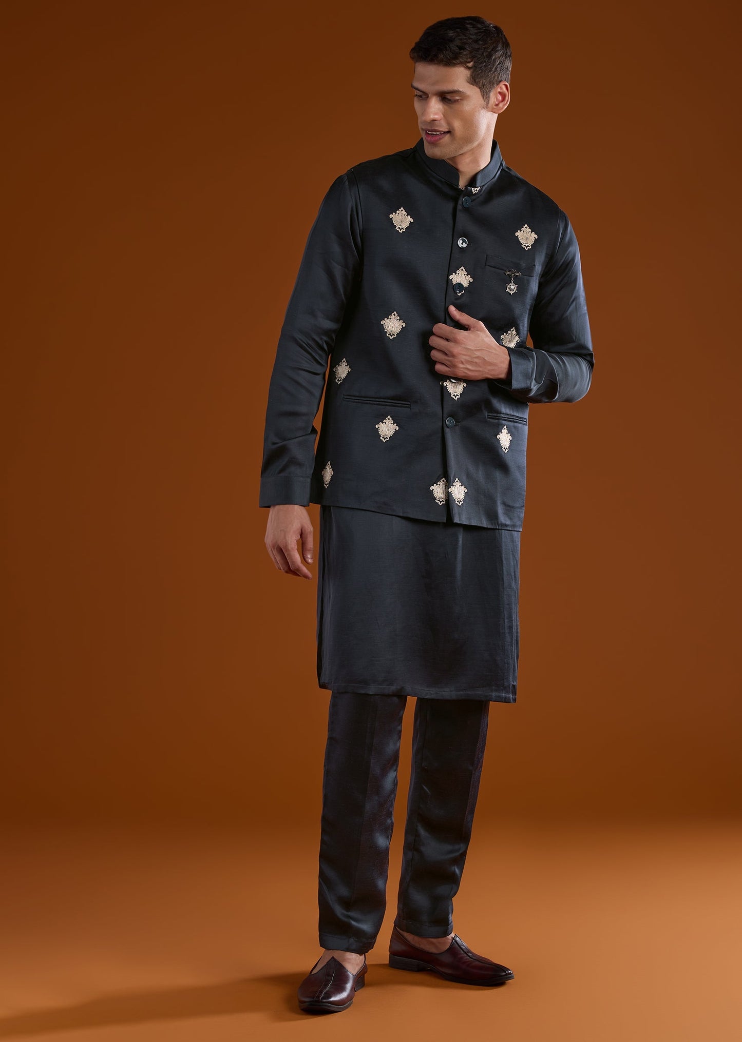 Black Embroidered Silk Linen Kurta Jacket Set