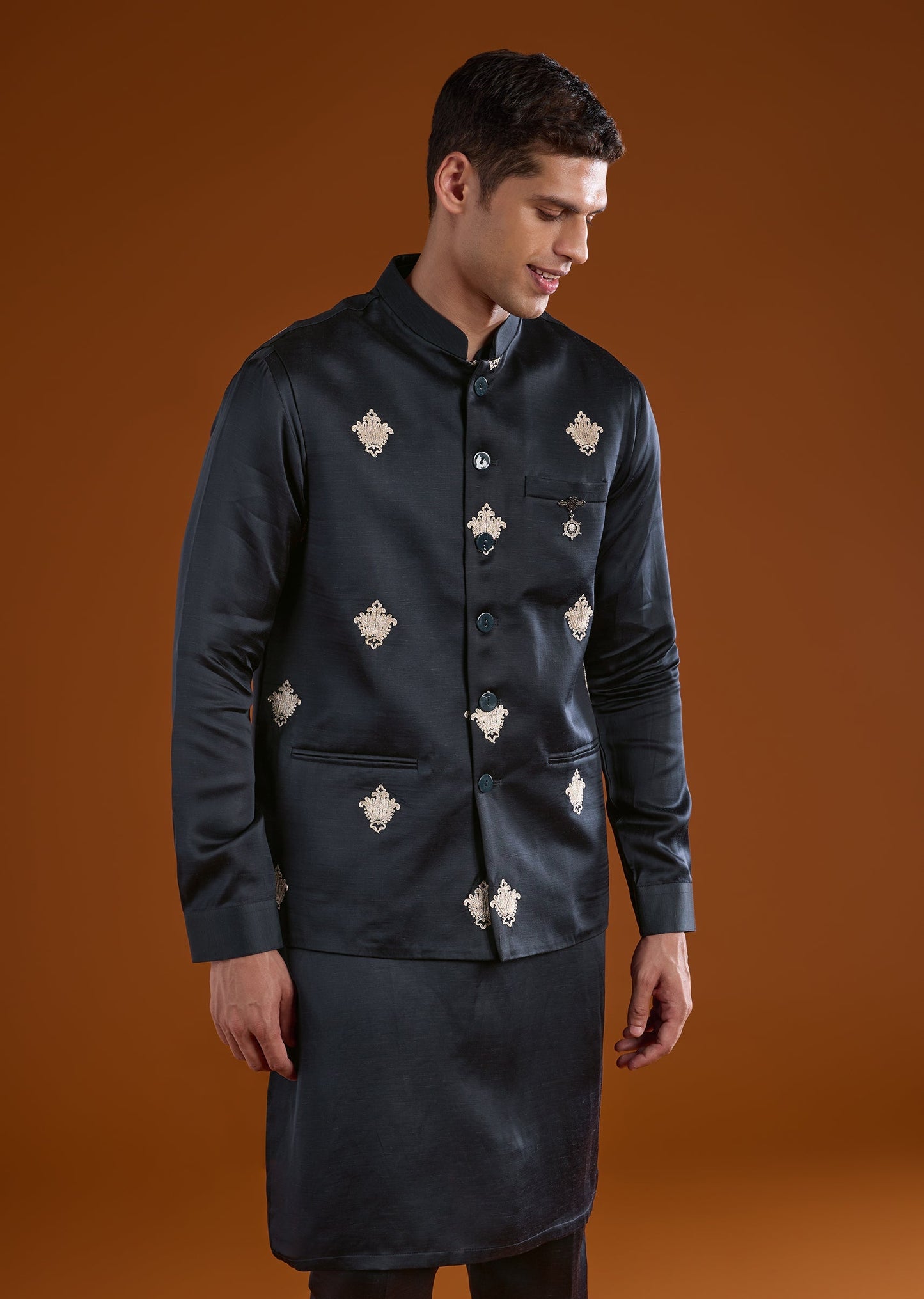 Black Embroidered Silk Linen Kurta Jacket Set