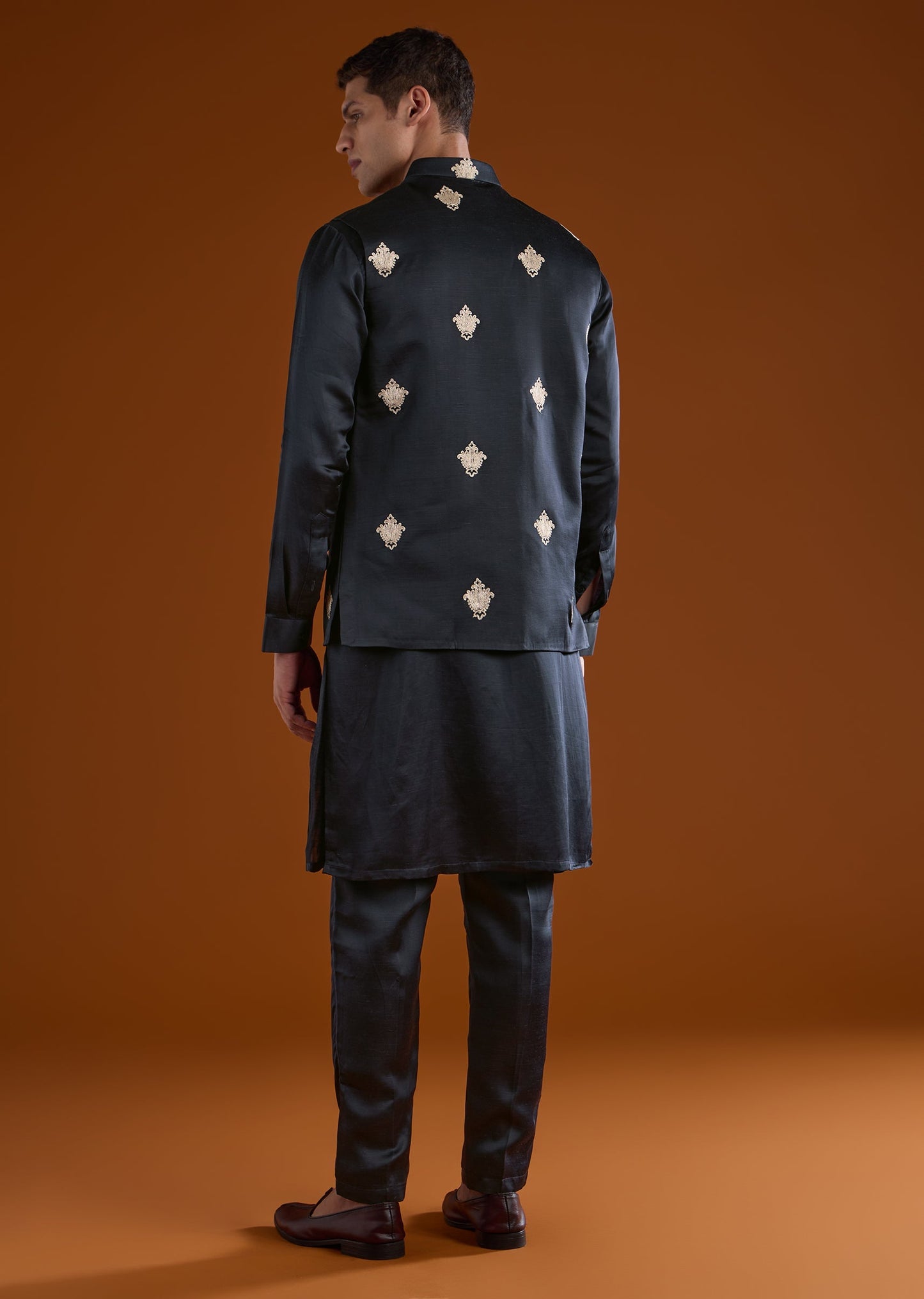 Black Embroidered Silk Linen Kurta Jacket Set