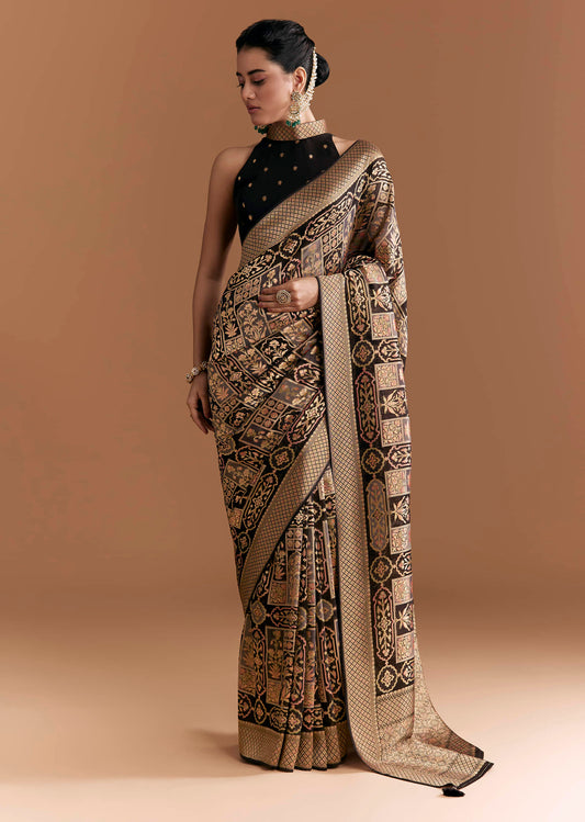 Black Khadhi Georgette Saree With Floral And Geometric Zari Work