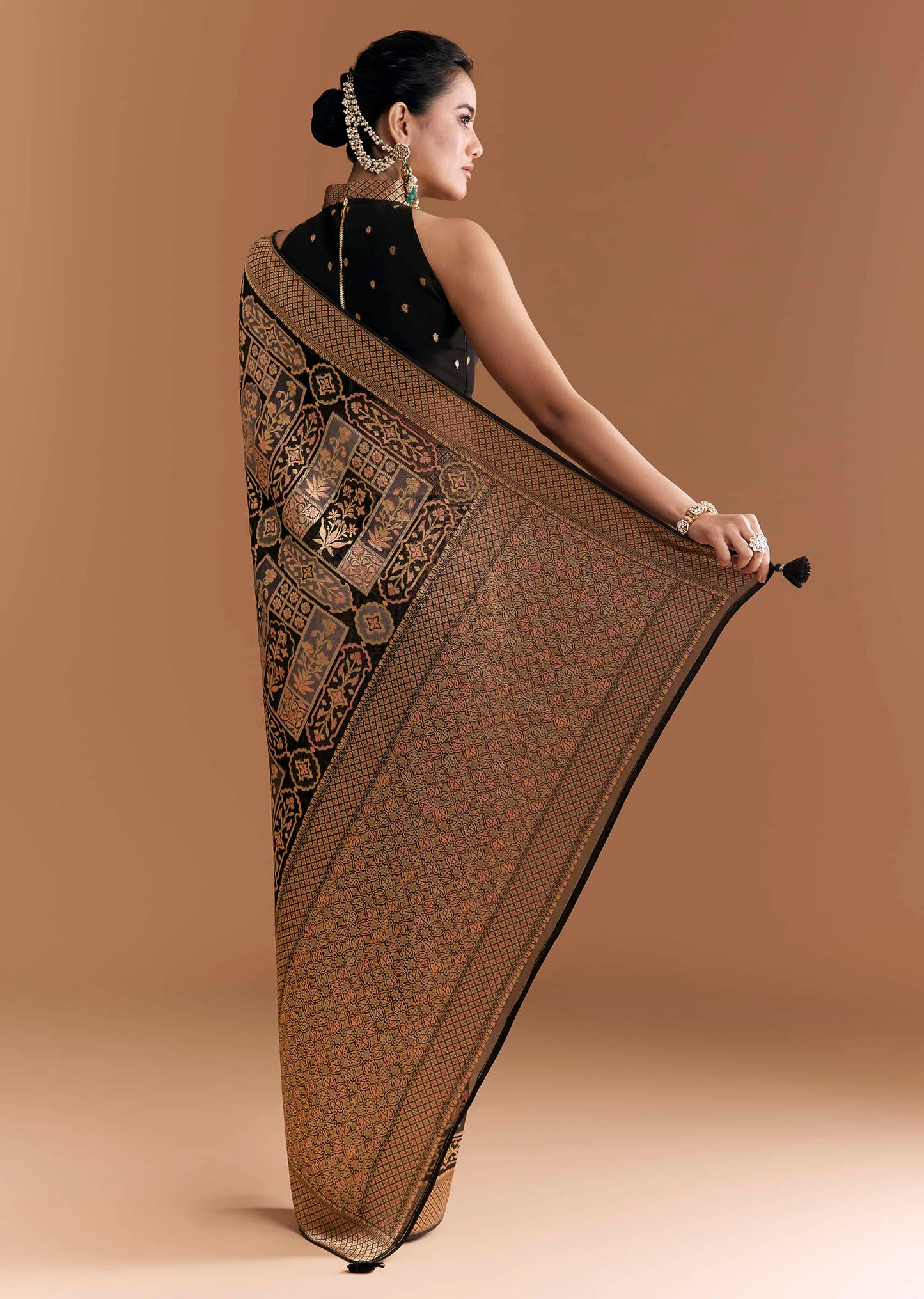 Black Khadhi Georgette Saree With Floral And Geometric Zari Work