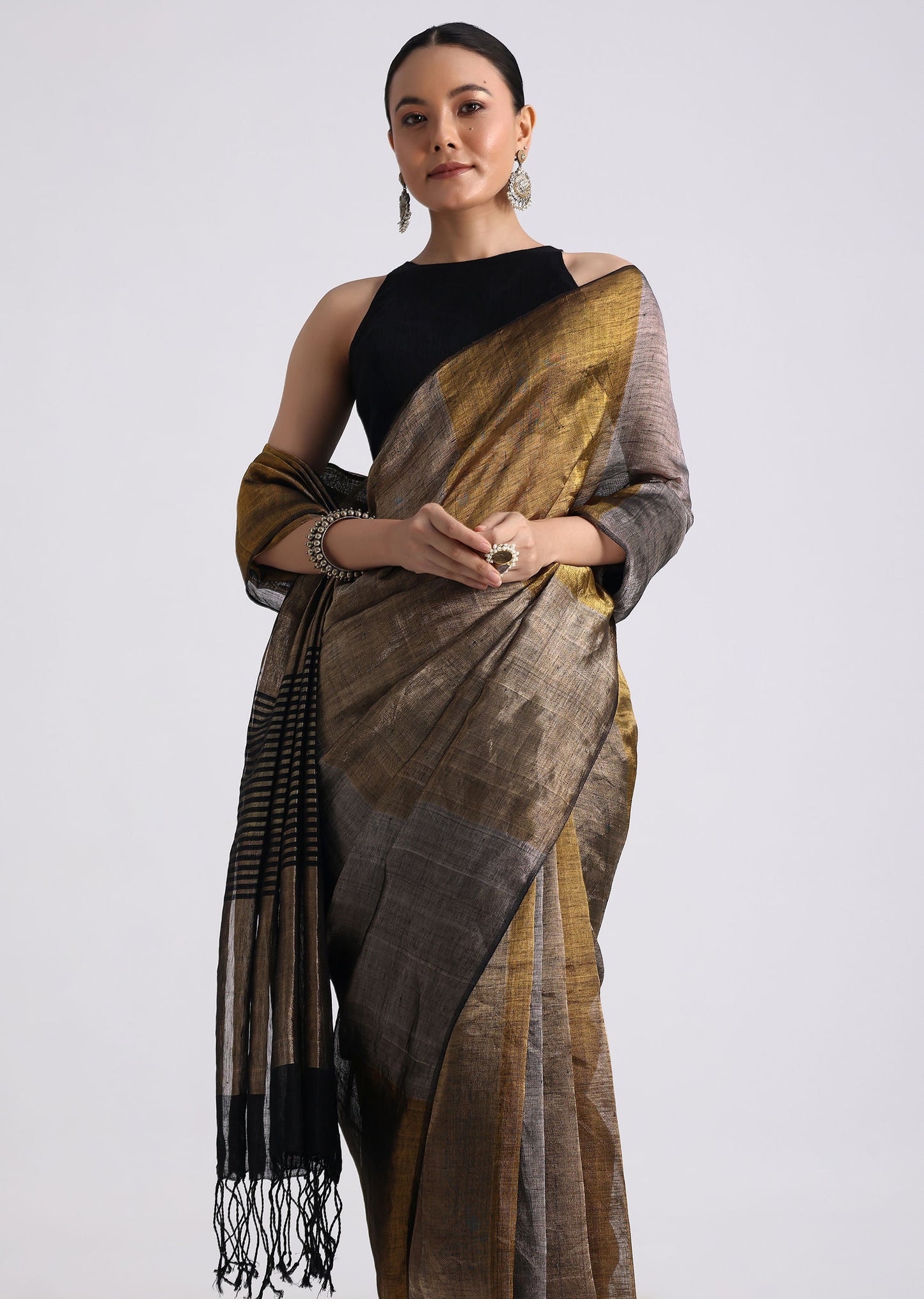 Black Coloblock Linen Tissue Woven Saree