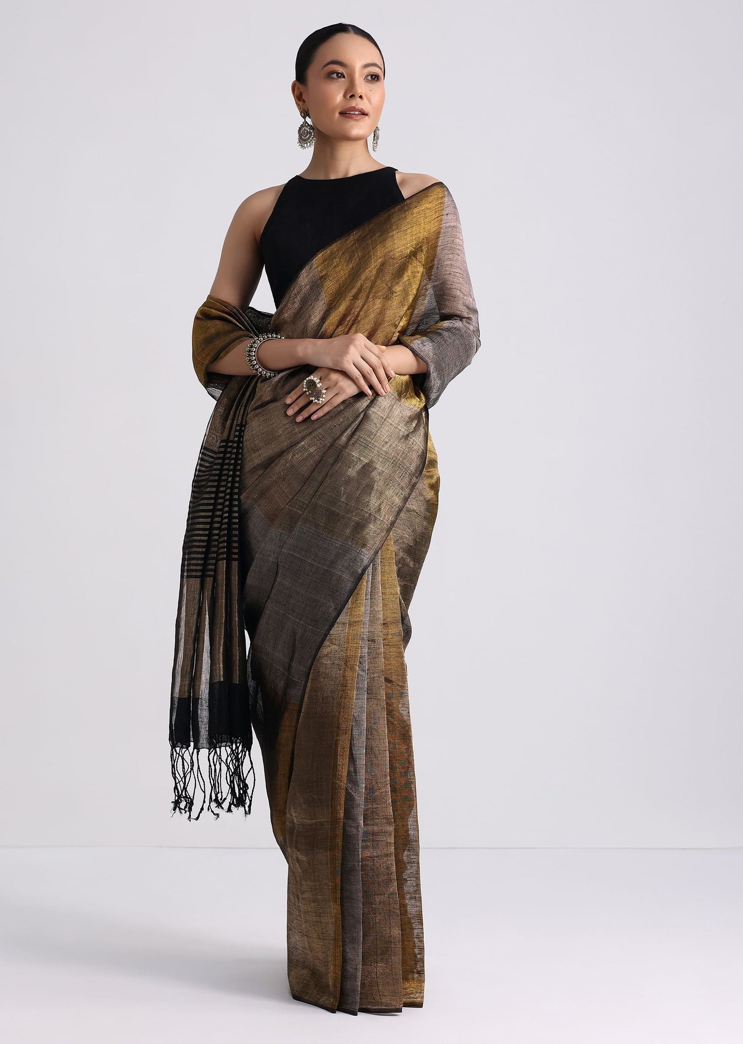 Black Coloblock Linen Tissue Woven Saree