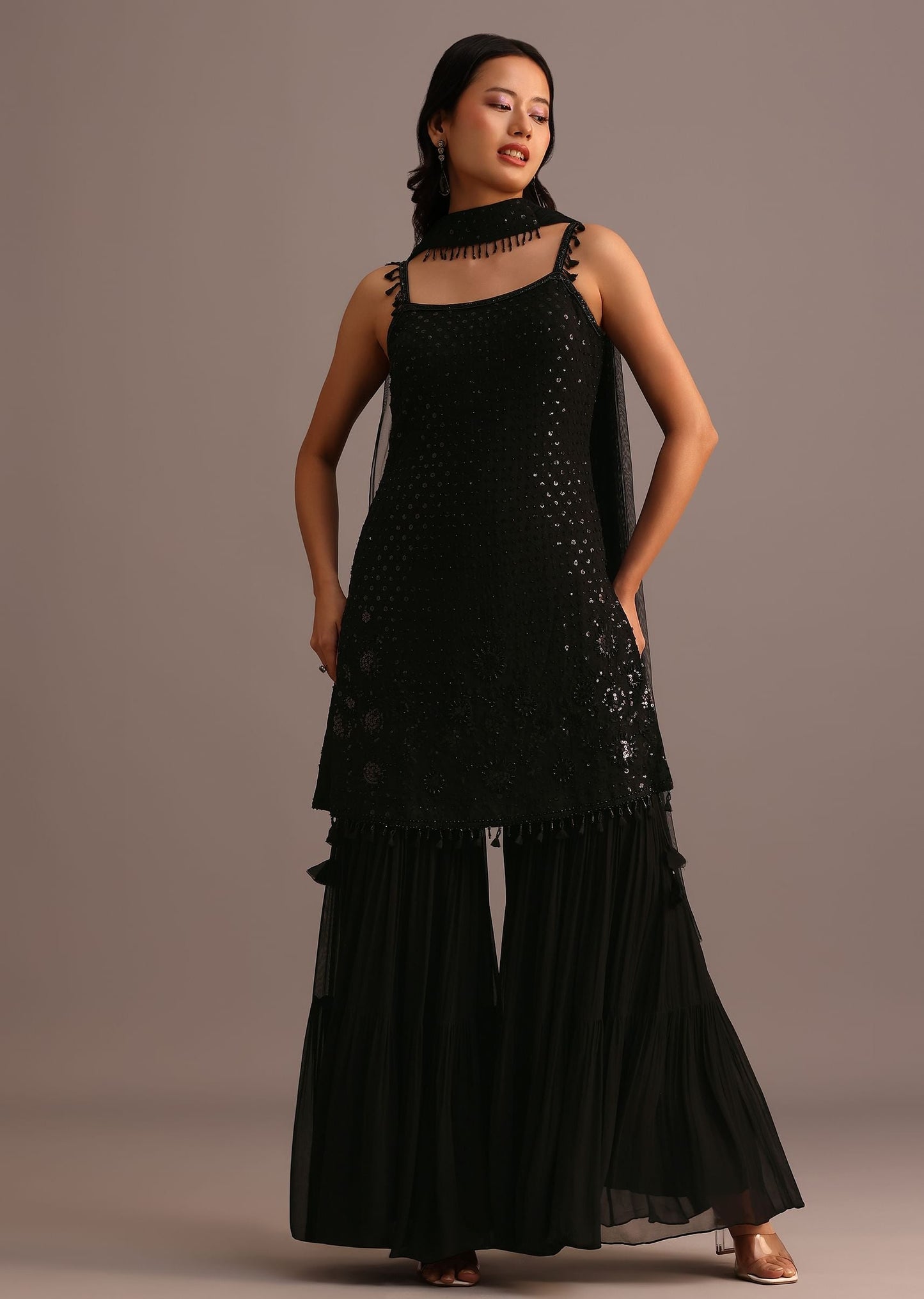 Black Embellished Sharara Suit With Net Dupatta Kalki