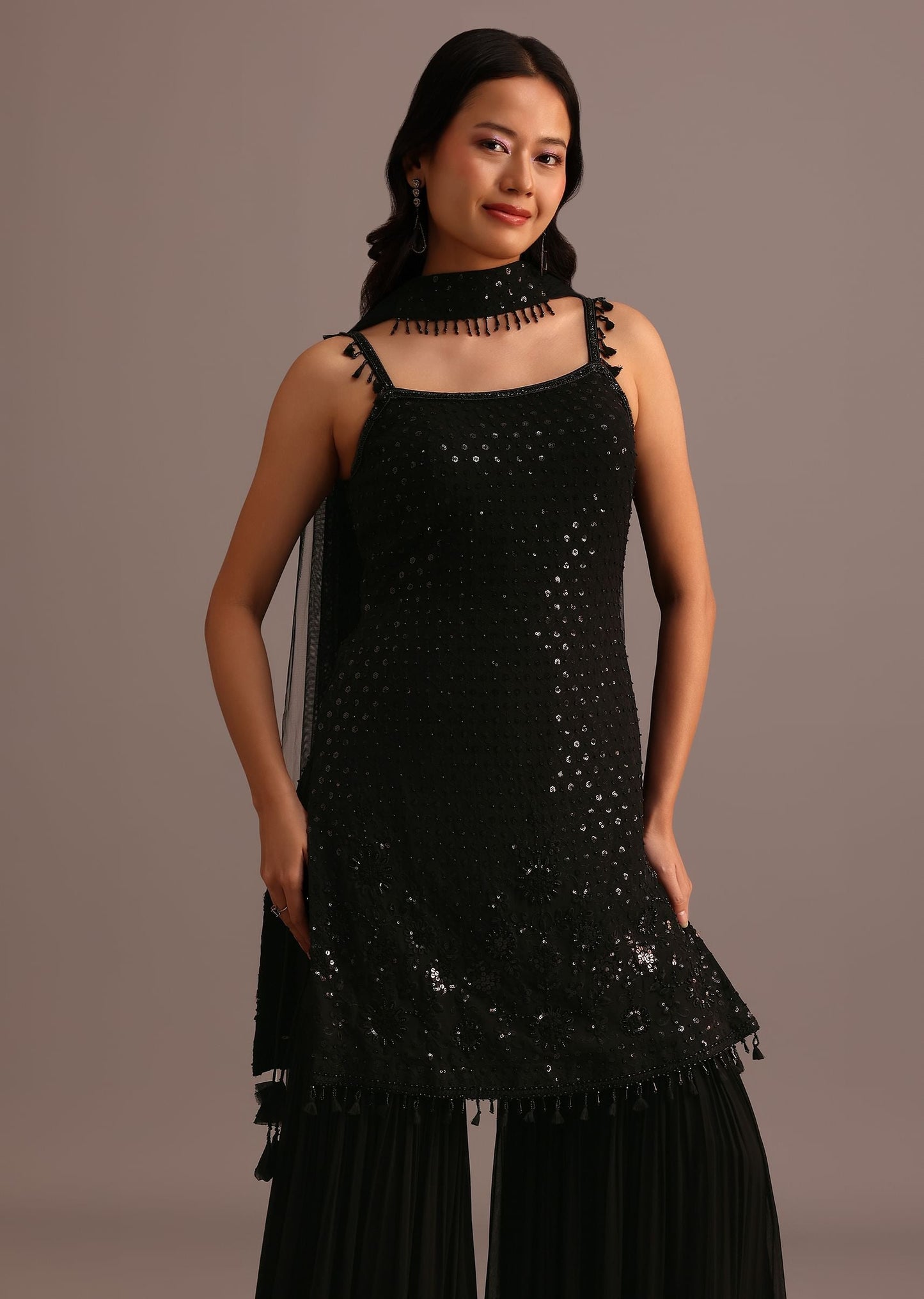 Black Embellished Sharara Suit With Net Dupatta Kalki