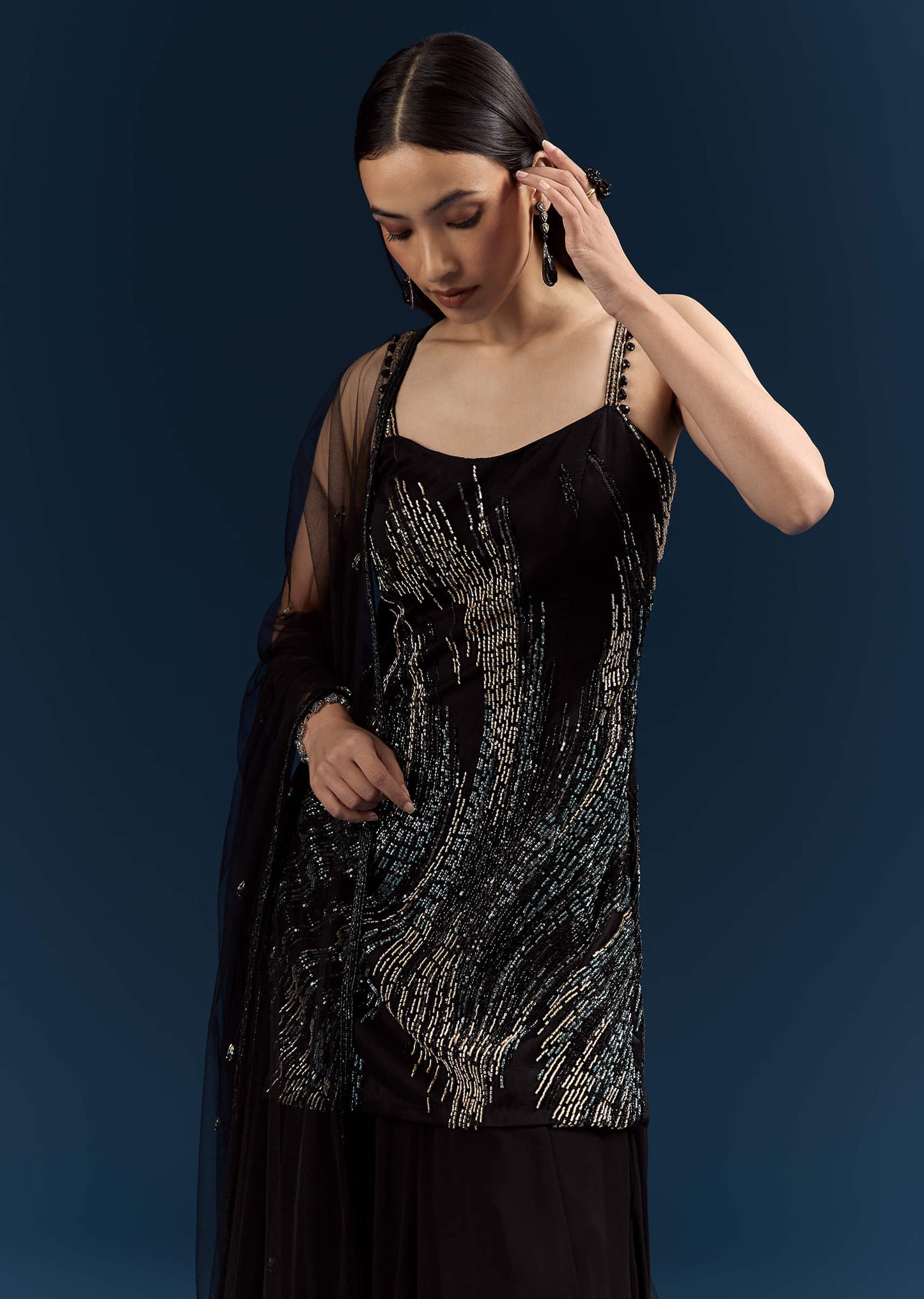 Black Sequins Sharara Suit With Cutdana Embroidery