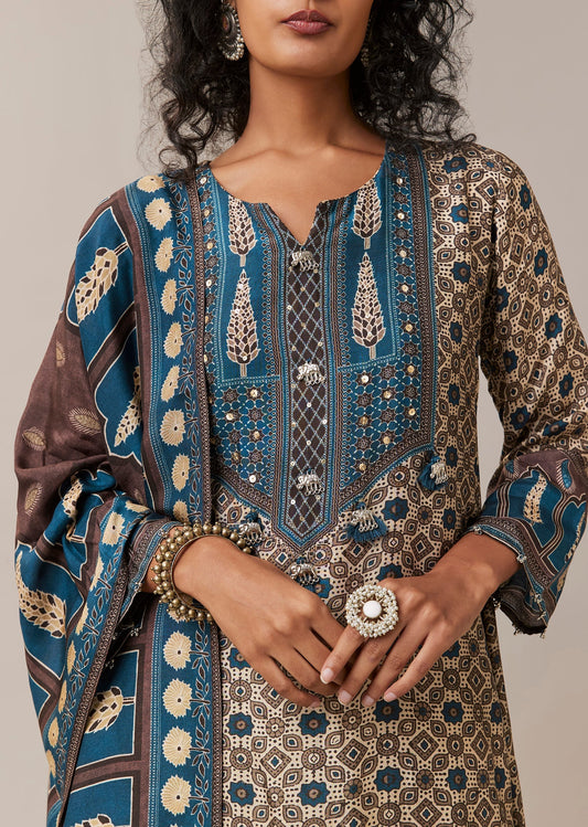 Blue Asymmetric Indie Print Silk Kurta Set
