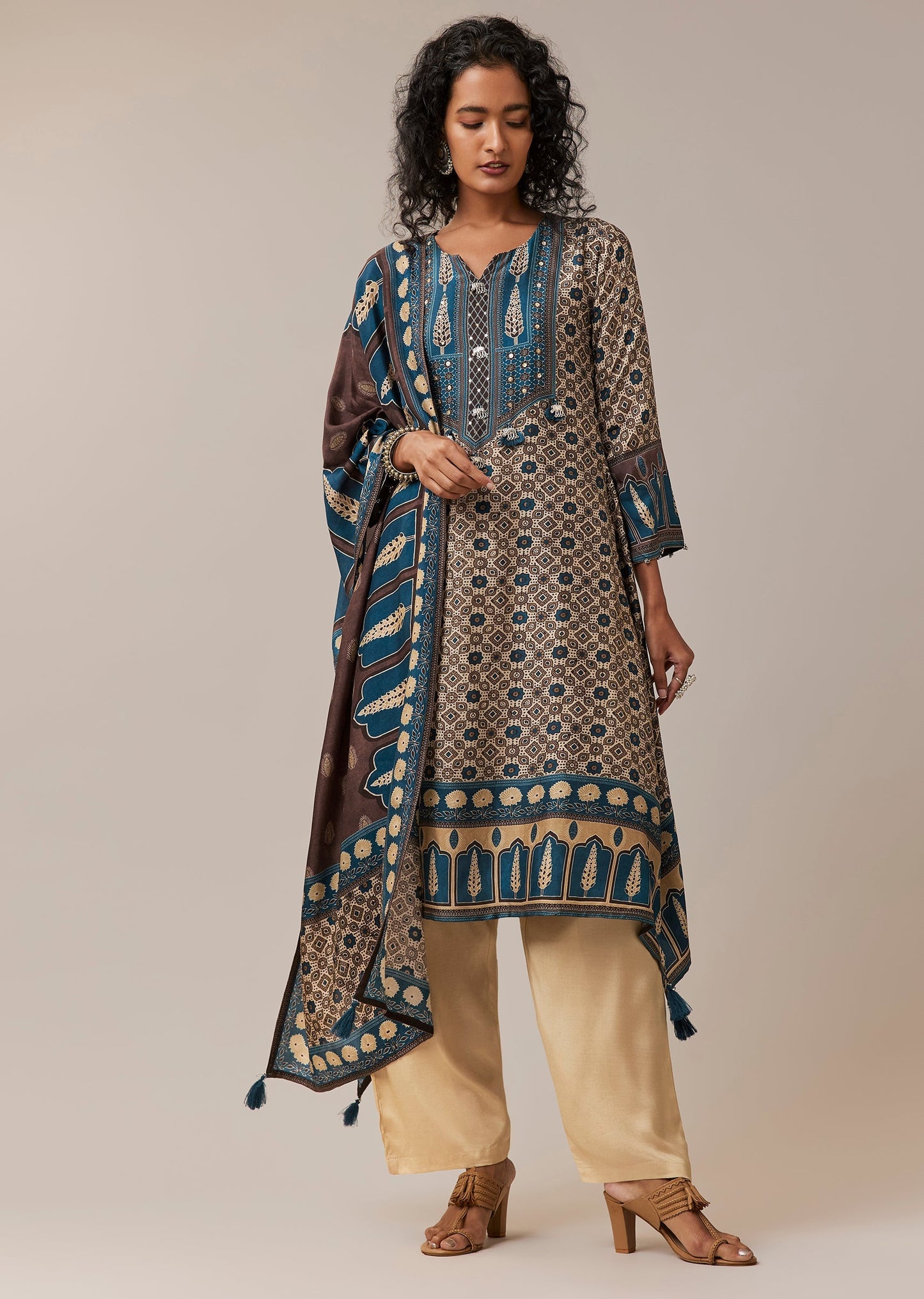 Blue Asymmetric Indie Print Silk Kurta Set