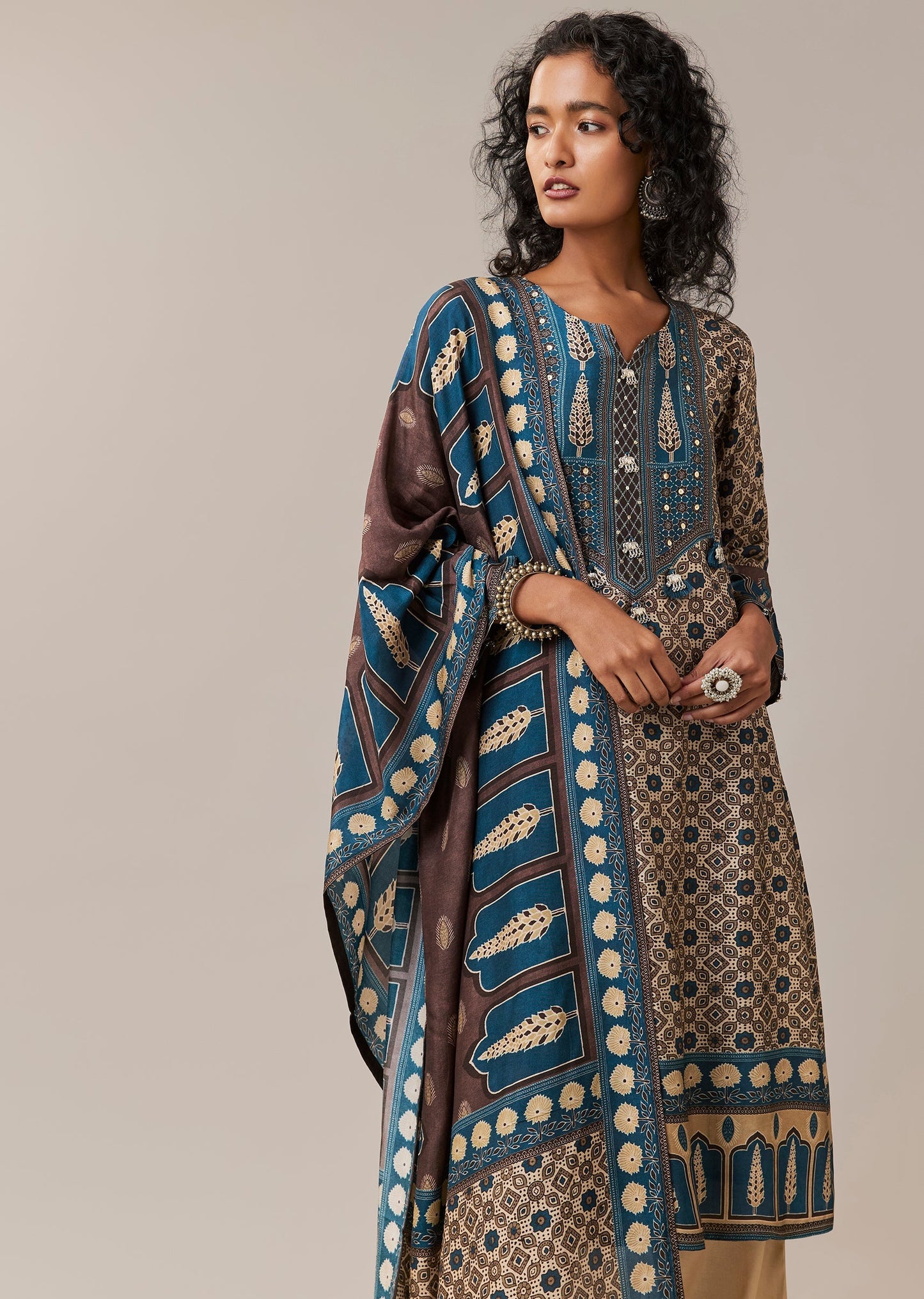 Blue Asymmetric Indie Print Silk Kurta Set
