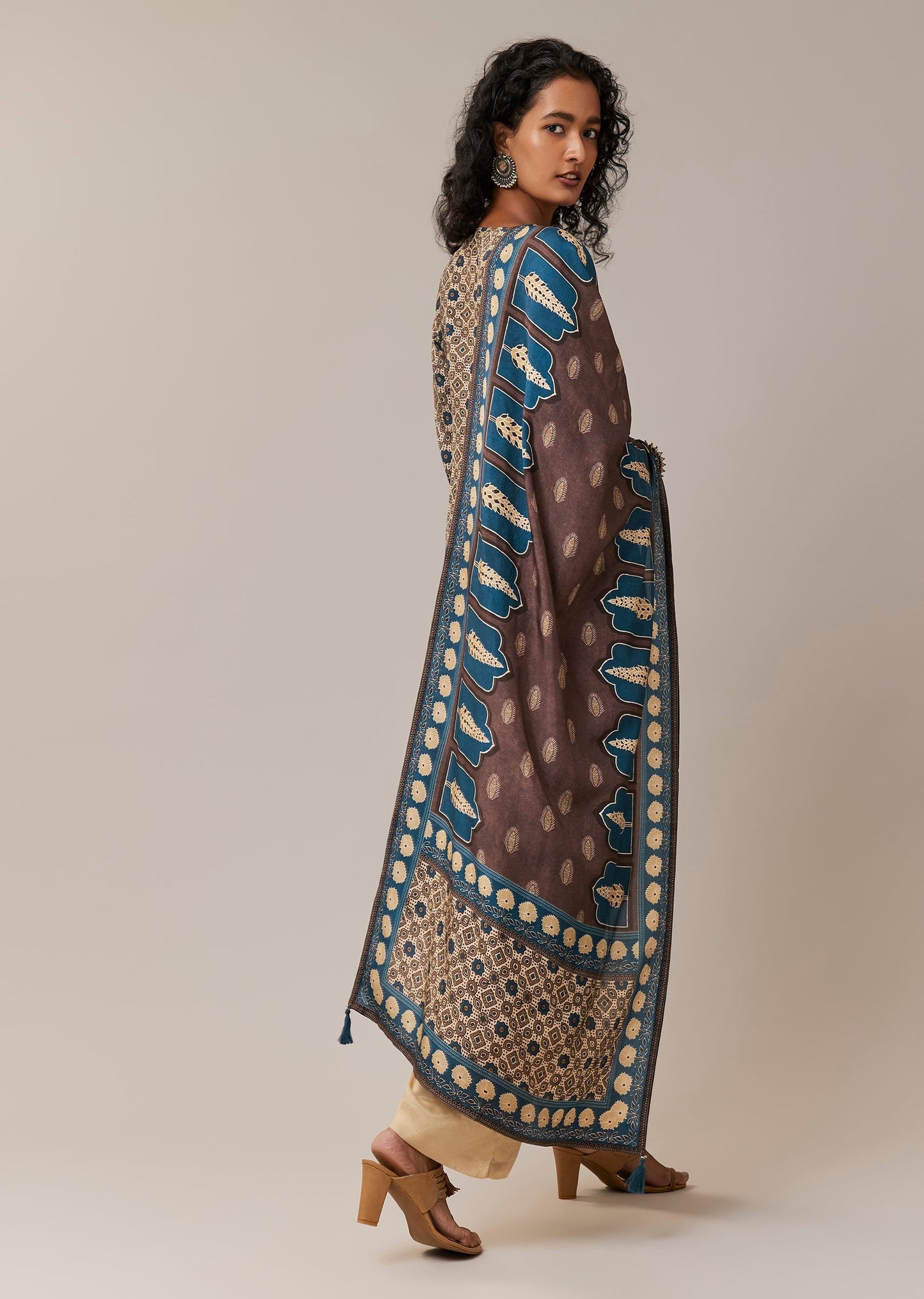 Blue Asymmetric Indie Print Silk Kurta Set