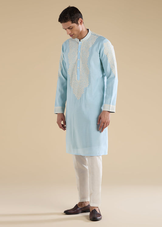 Blue Gujarati Handwork Chanderi Kurta Set
