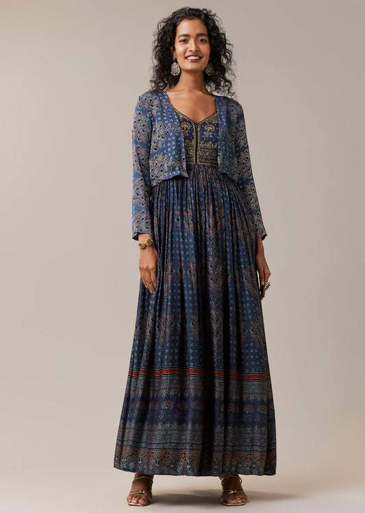 Blue Hand Dyed Ajrakh Jacket and Gown Set