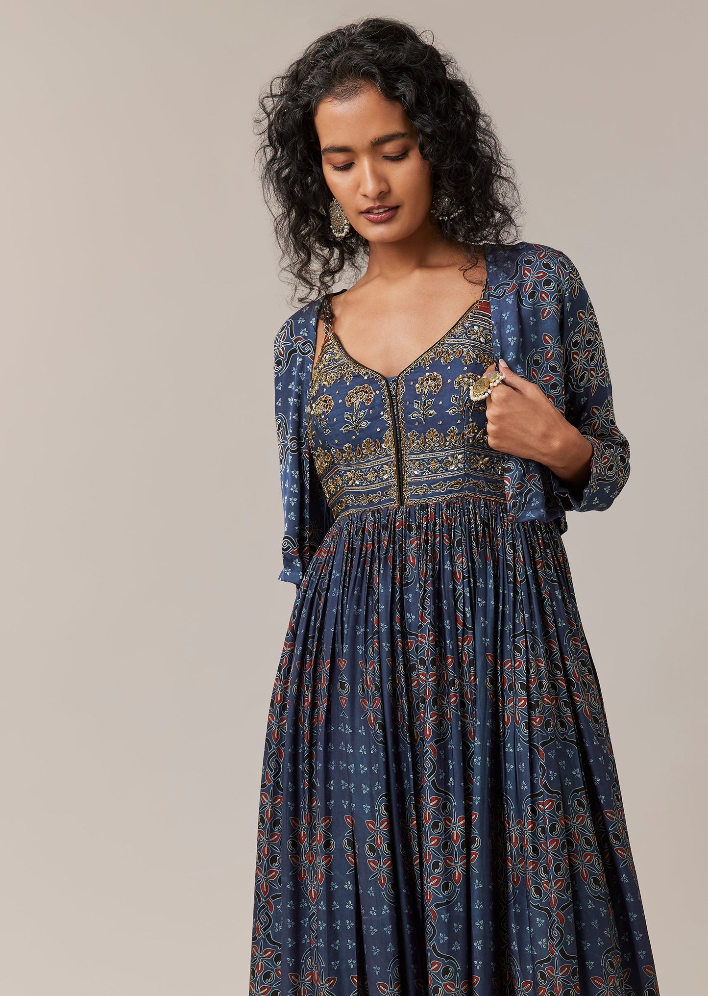 Blue Hand Dyed Ajrakh Jacket and Gown Set