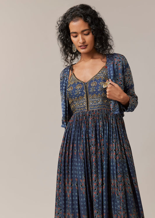 Blue Hand Dyed Ajrakh Jacket and Gown Set