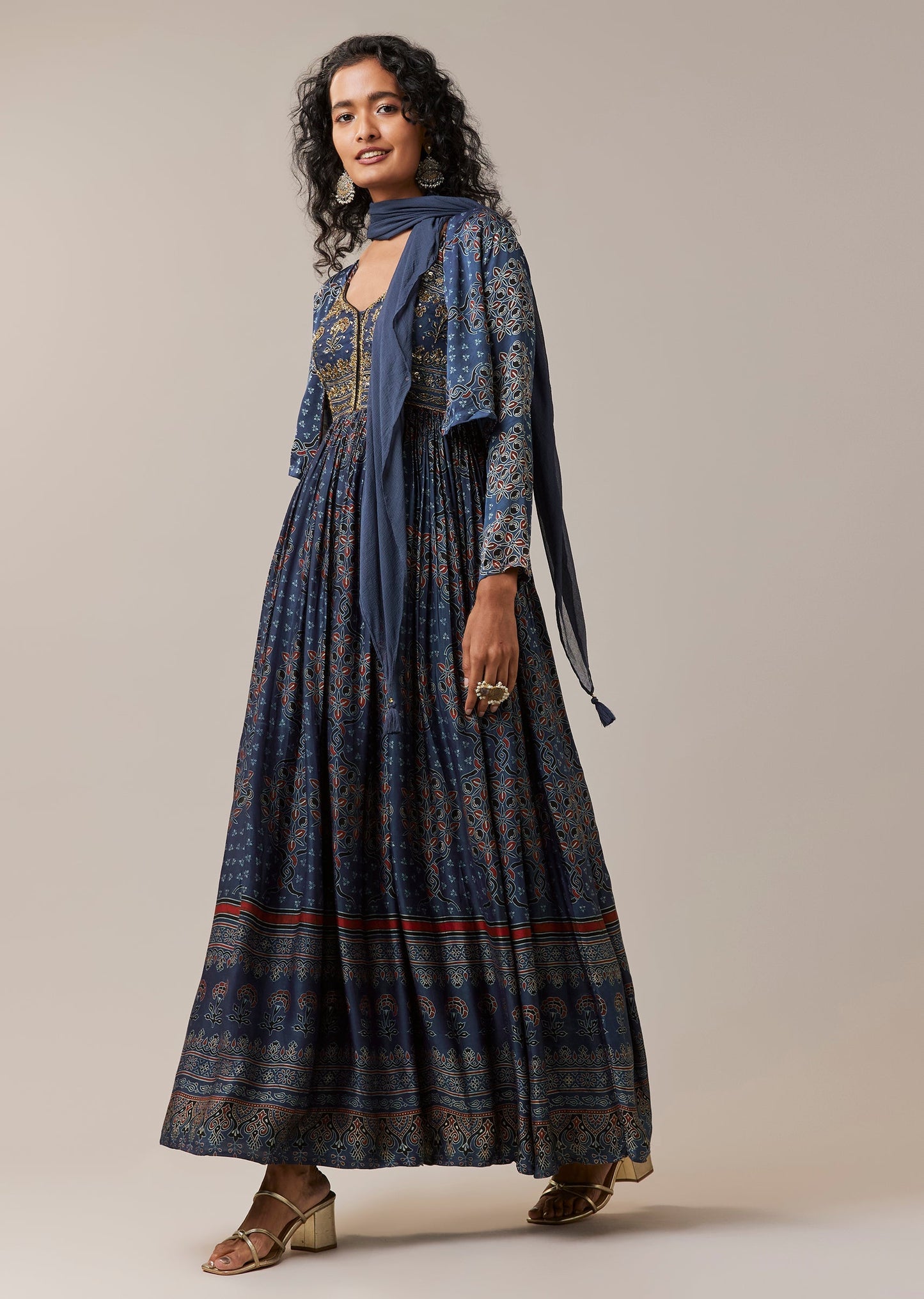 Blue Hand Dyed Ajrakh Jacket and Gown Set