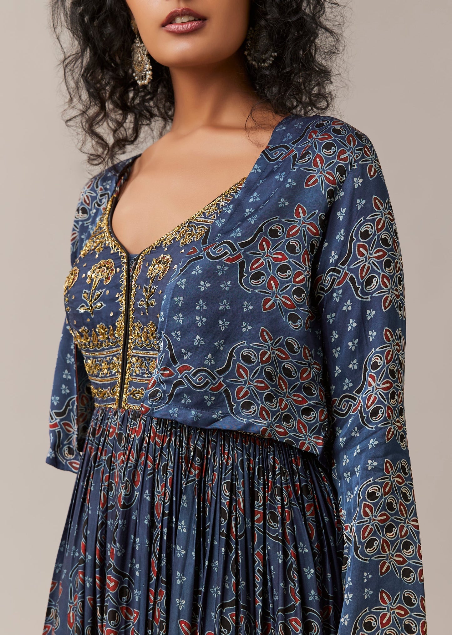 Blue Hand Dyed Ajrakh Jacket and Gown Set