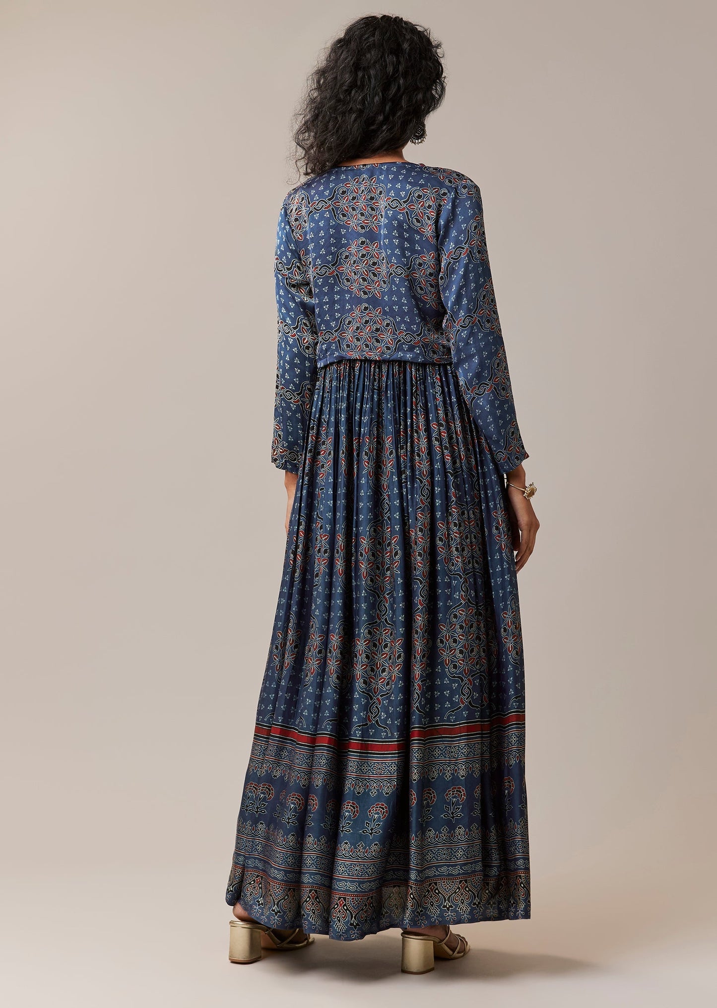 Blue Hand Dyed Ajrakh Jacket and Gown Set