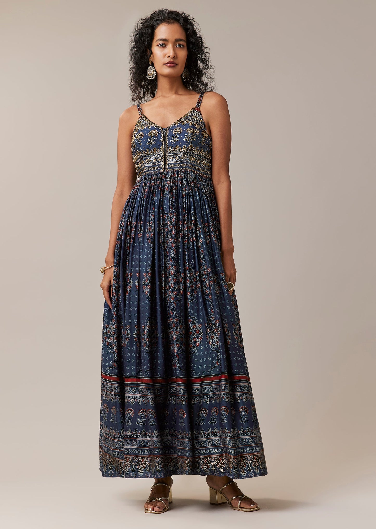 Blue Hand Dyed Ajrakh Jacket and Gown Set