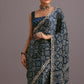 Blue Indigo Mirror And Ajrakh Print Embroidered Saree