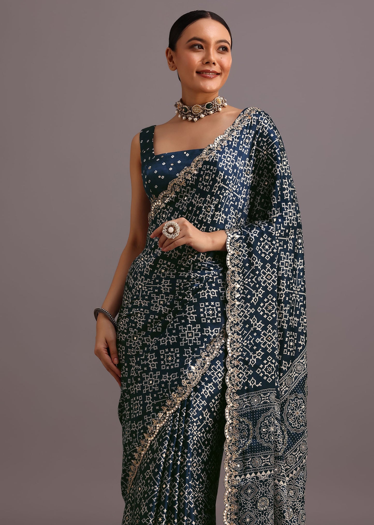 Blue Indigo Mirror And Ajrakh Print Embroidered Saree