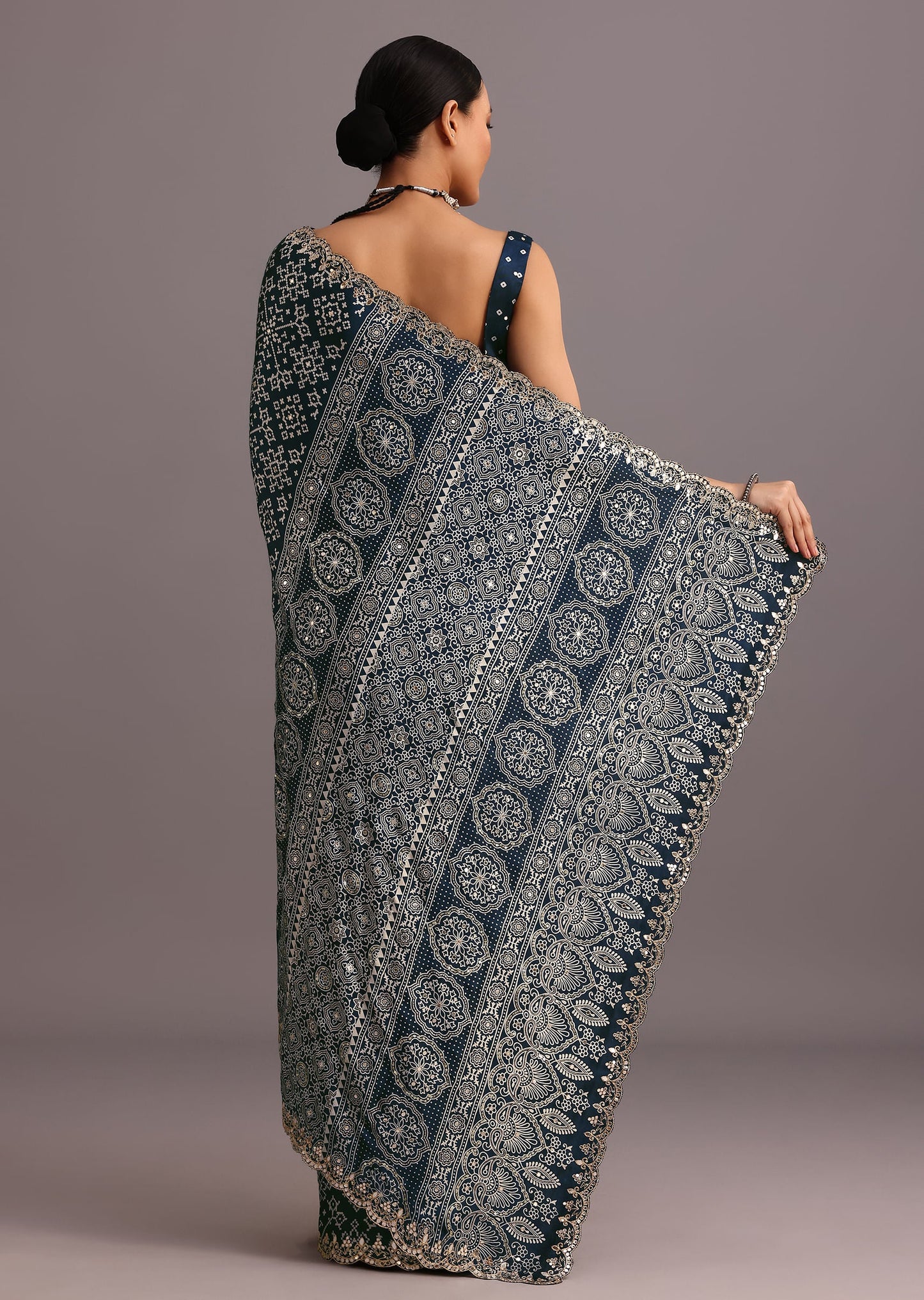 Blue Indigo Mirror And Ajrakh Print Embroidered Saree