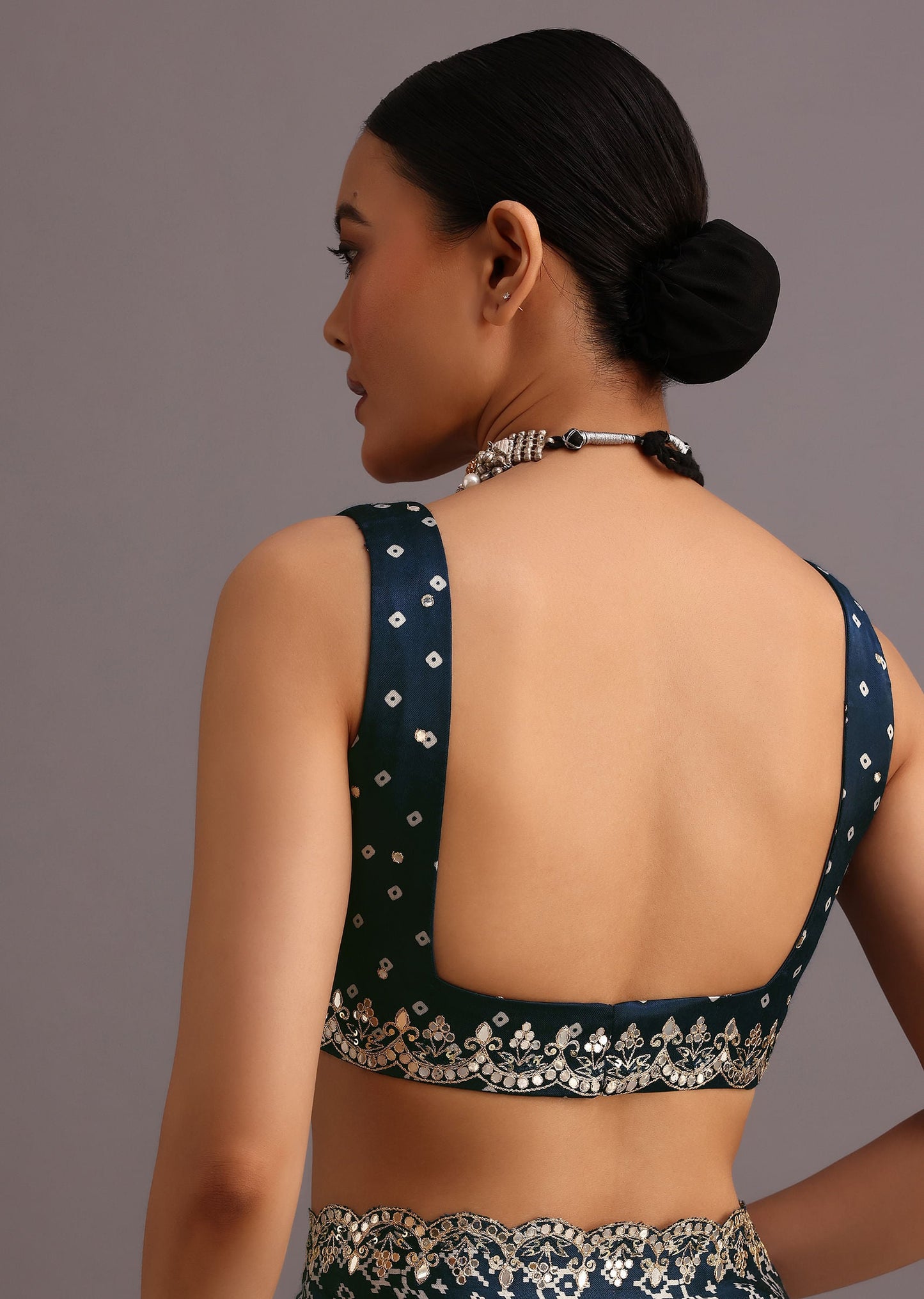 Blue Indigo Mirror And Ajrakh Print Embroidered Saree