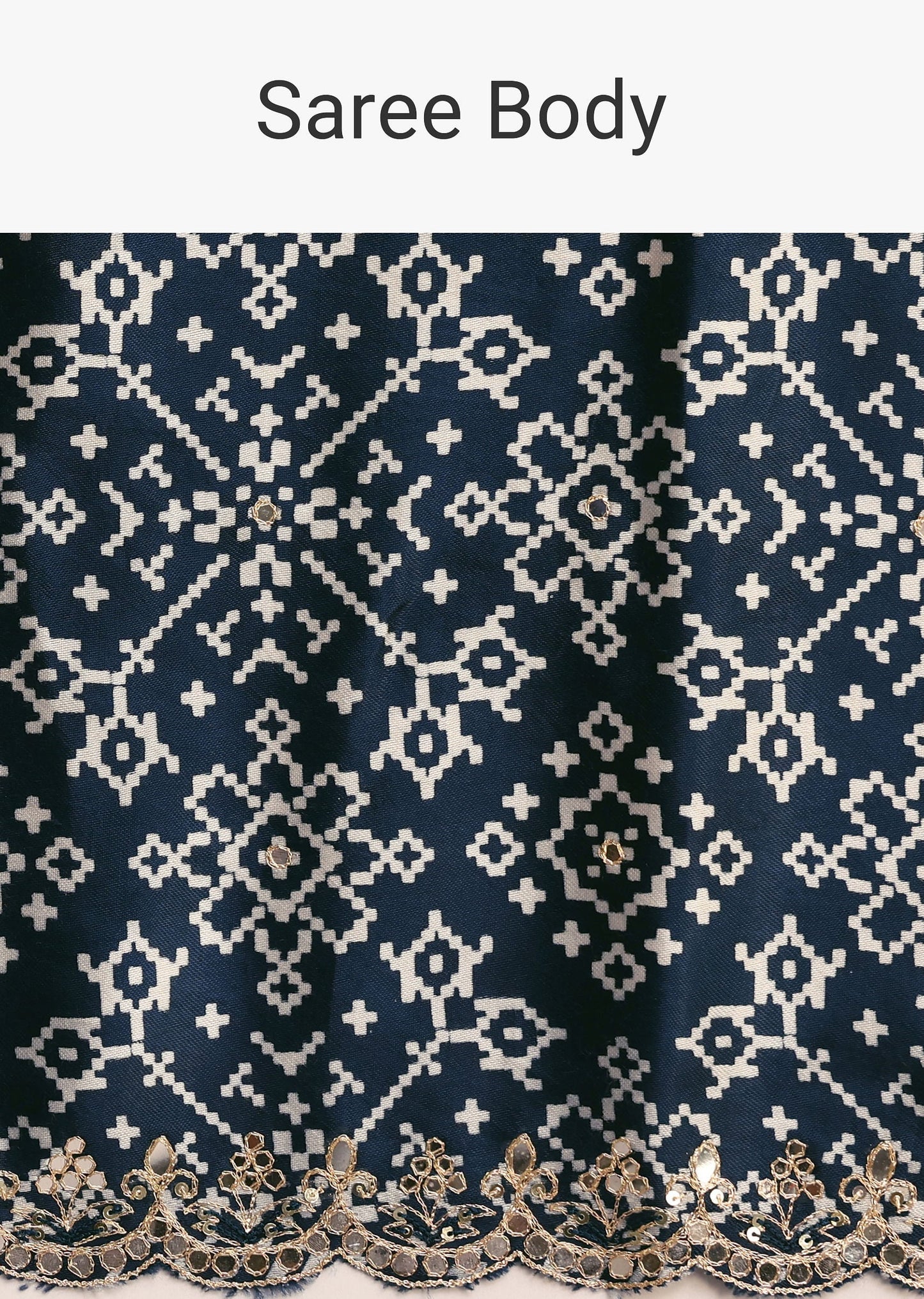 Blue Indigo Mirror And Ajrakh Print Embroidered Saree