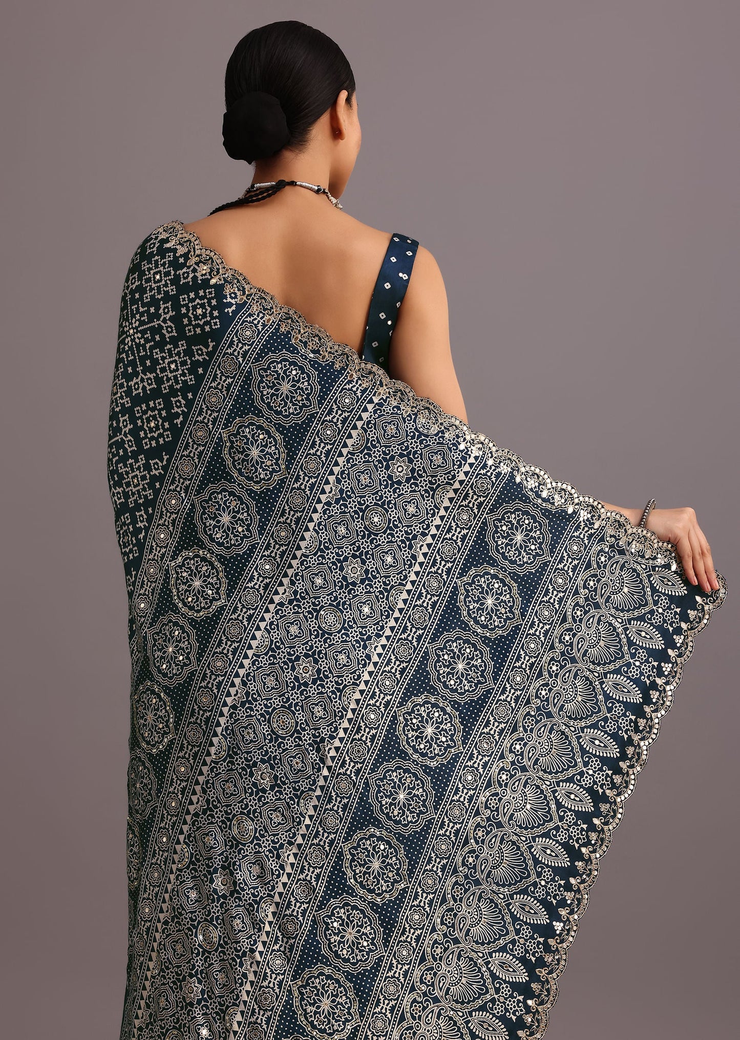 Blue Indigo Mirror And Ajrakh Print Embroidered Saree