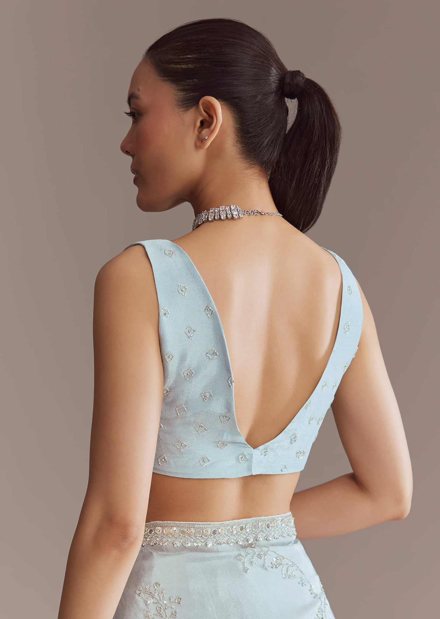 Blue Tissue Saree With Jaal And Stone Embroidery