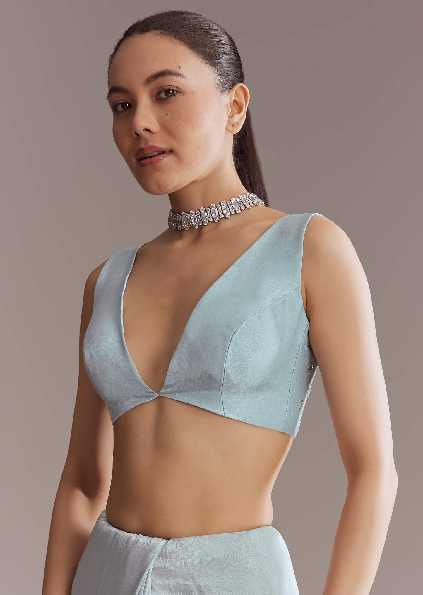 Blue Tissue Saree With Jaal And Stone Embroidery