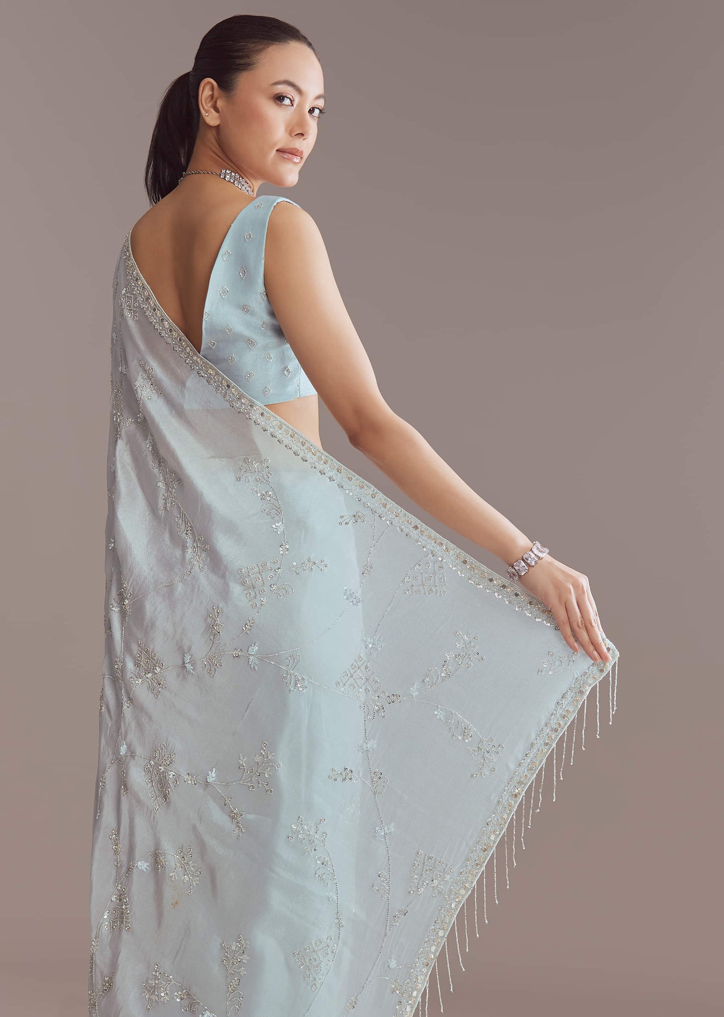 Blue Tissue Saree With Jaal And Stone Embroidery