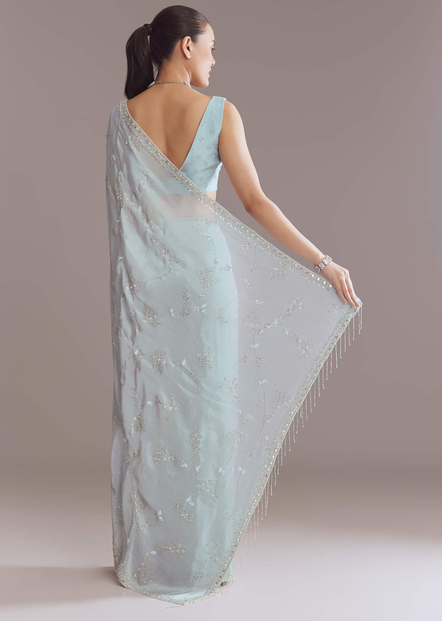 Blue Tissue Saree With Jaal And Stone Embroidery