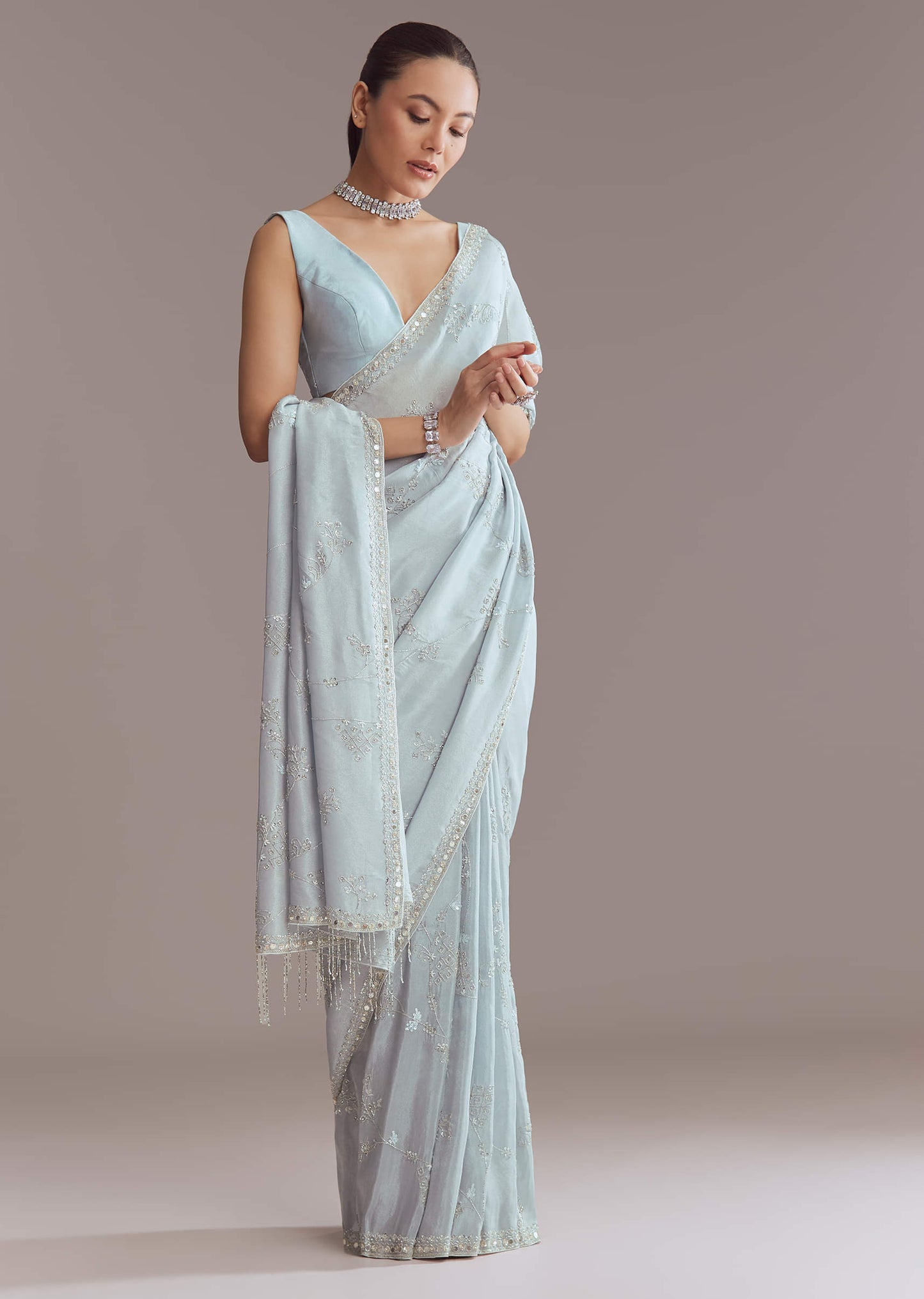 Blue Tissue Saree With Jaal And Stone Embroidery
