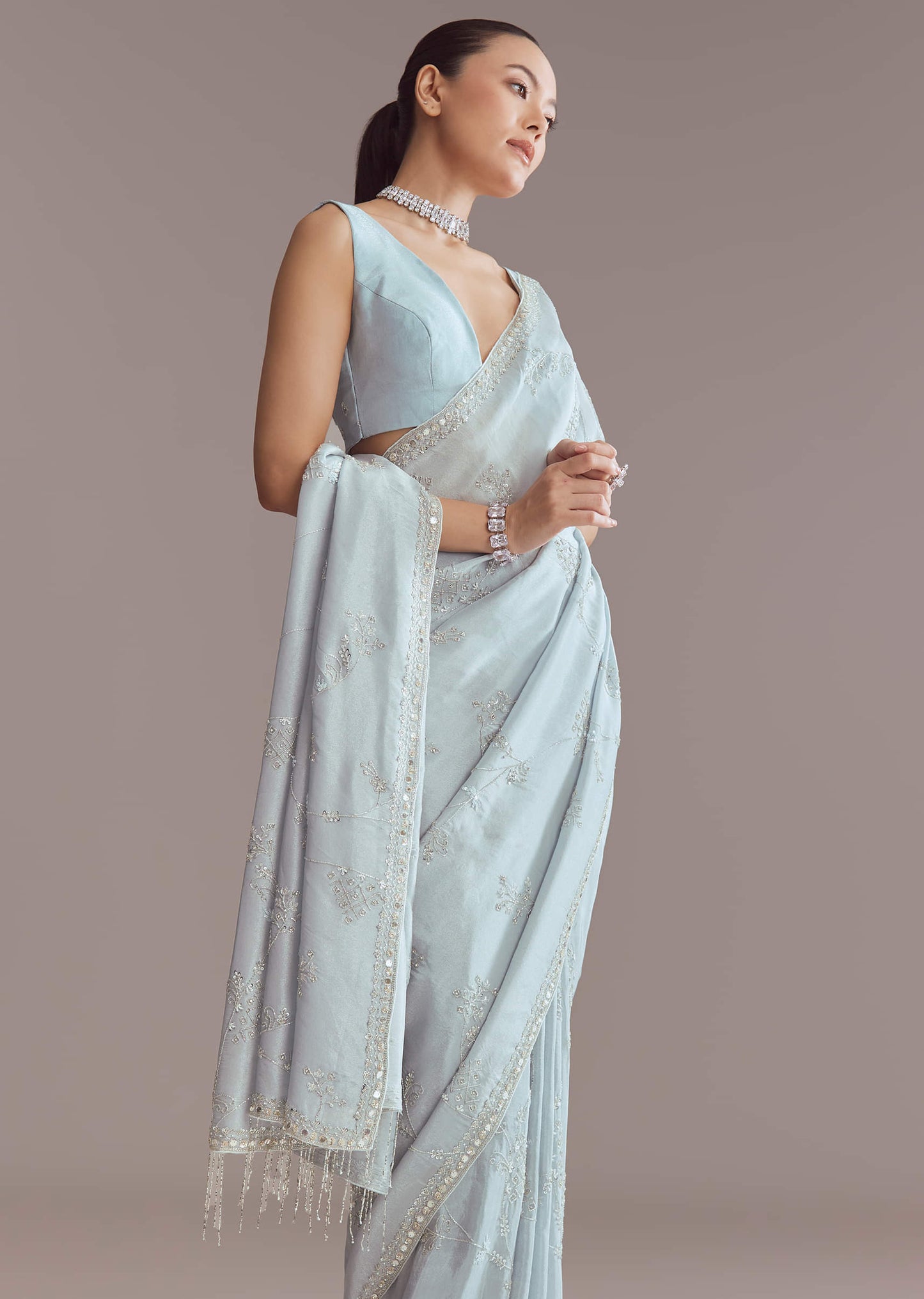 Blue Tissue Saree With Jaal And Stone Embroidery