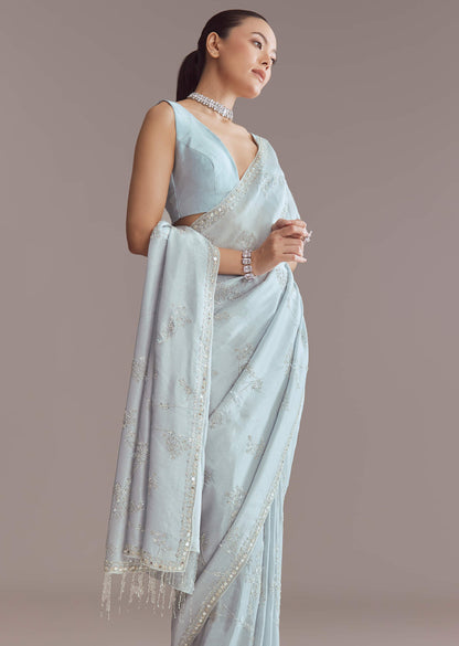 Blue Tissue Saree With Jaal And Stone Embroidery