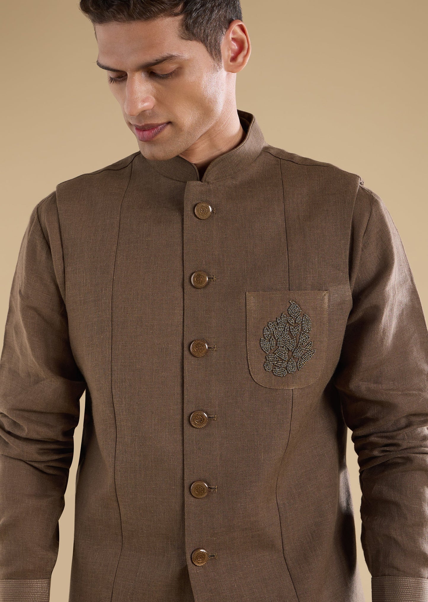 Brown Embellished Silk Kurta Jacket Set