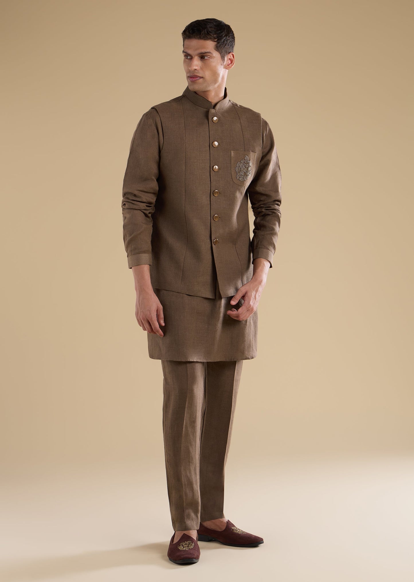 Brown Embellished Silk Kurta Jacket Set
