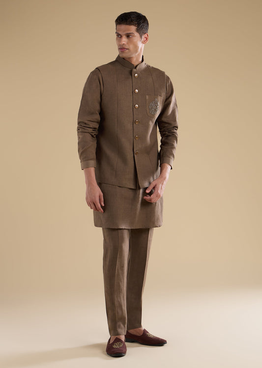 Brown Embellished Silk Kurta Jacket Set