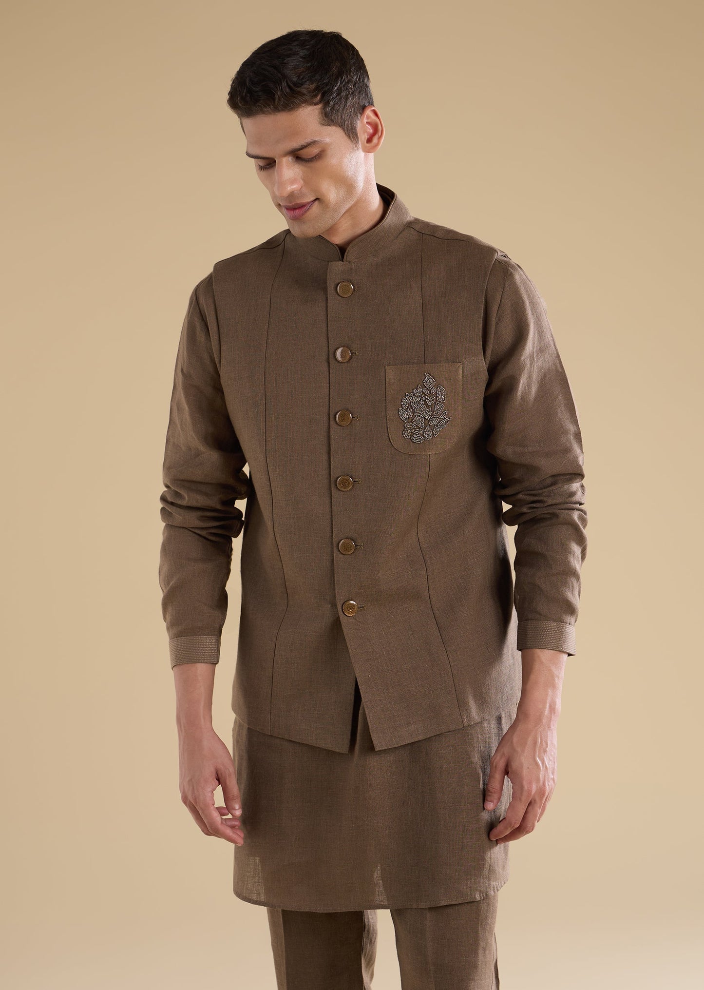 Brown Embellished Silk Kurta Jacket Set