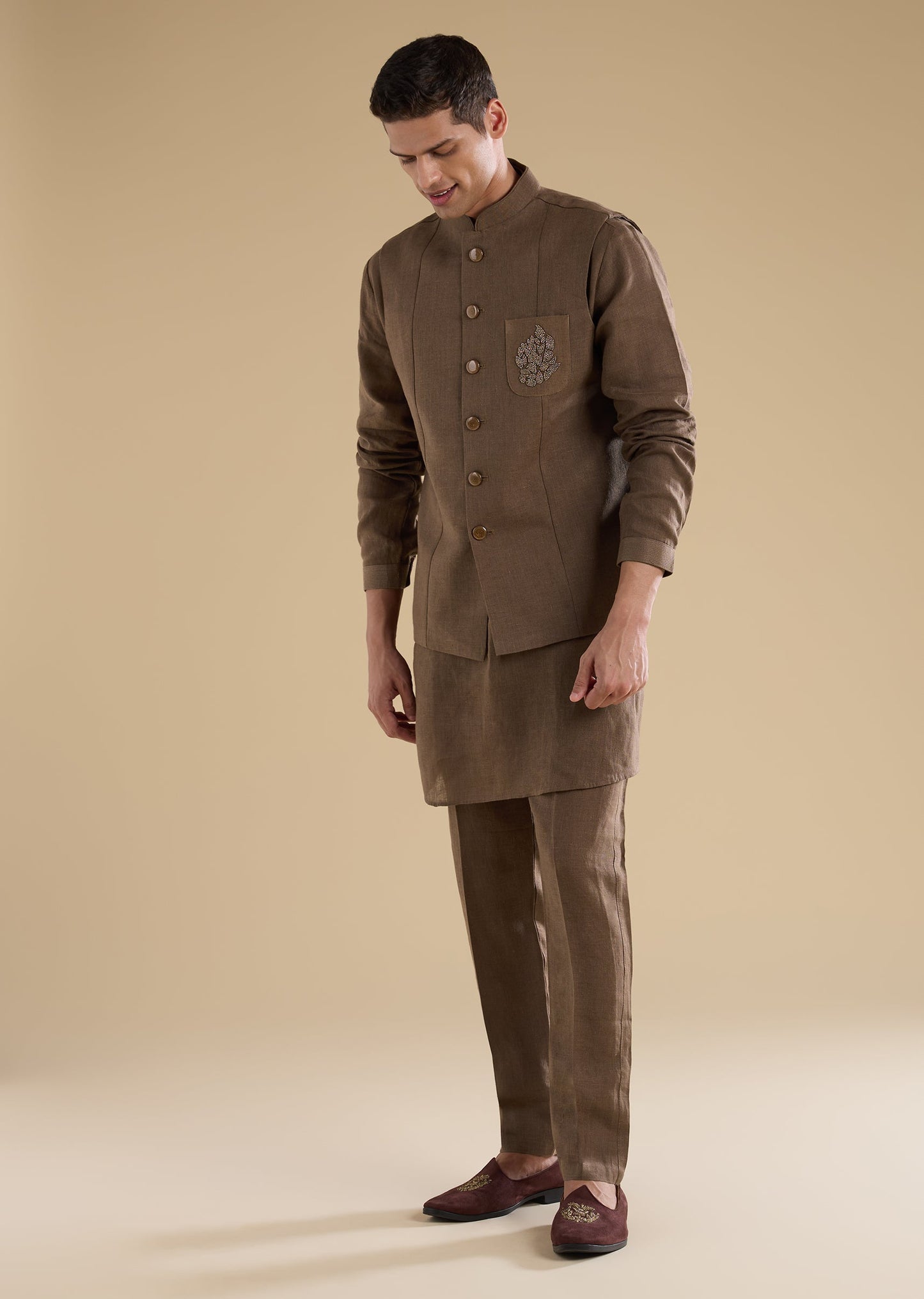 Brown Embellished Silk Kurta Jacket Set