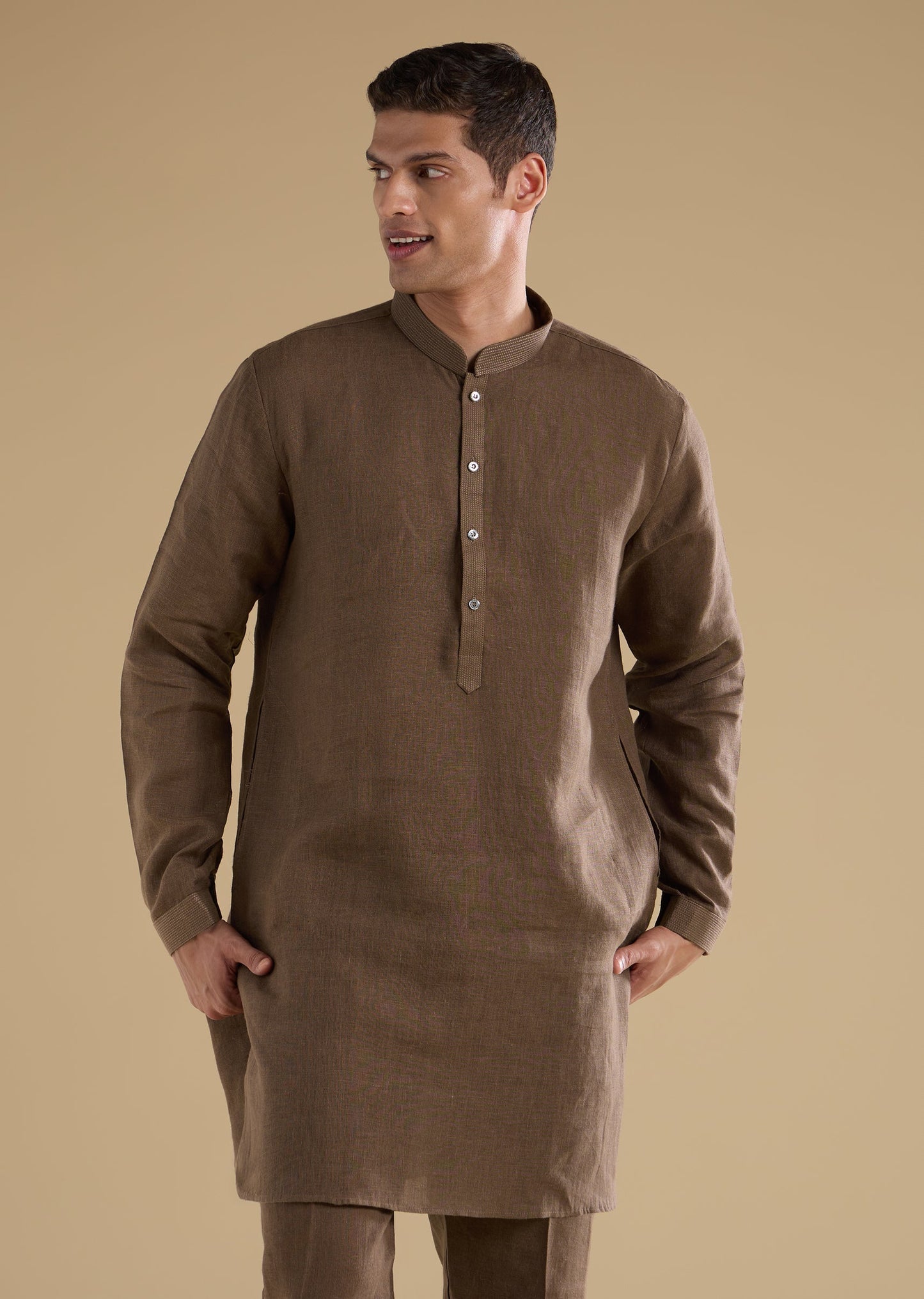 Brown Embellished Silk Kurta Jacket Set