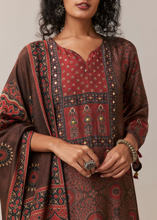 Brown Indie Print Silk Kurta Set