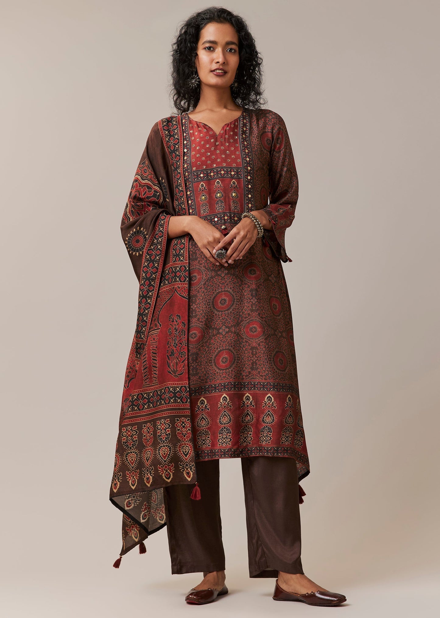 Brown Indie Print Silk Kurta Set
