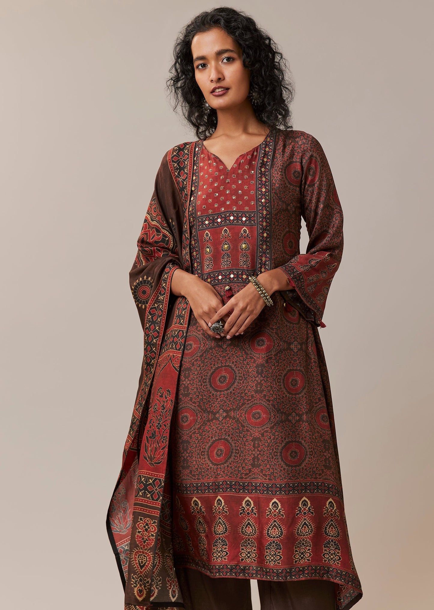 Brown Indie Print Silk Kurta Set