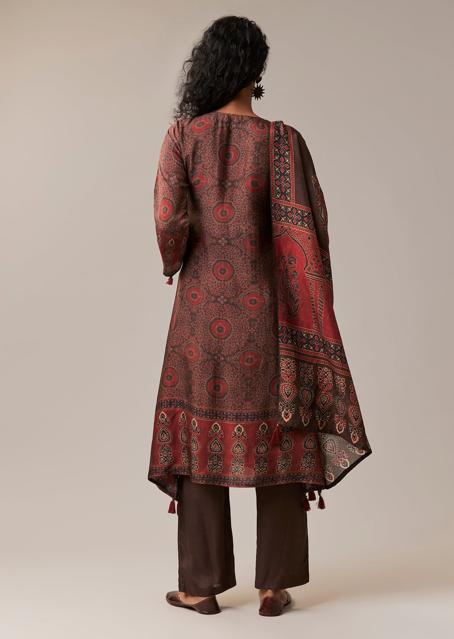 Brown Indie Print Silk Kurta Set