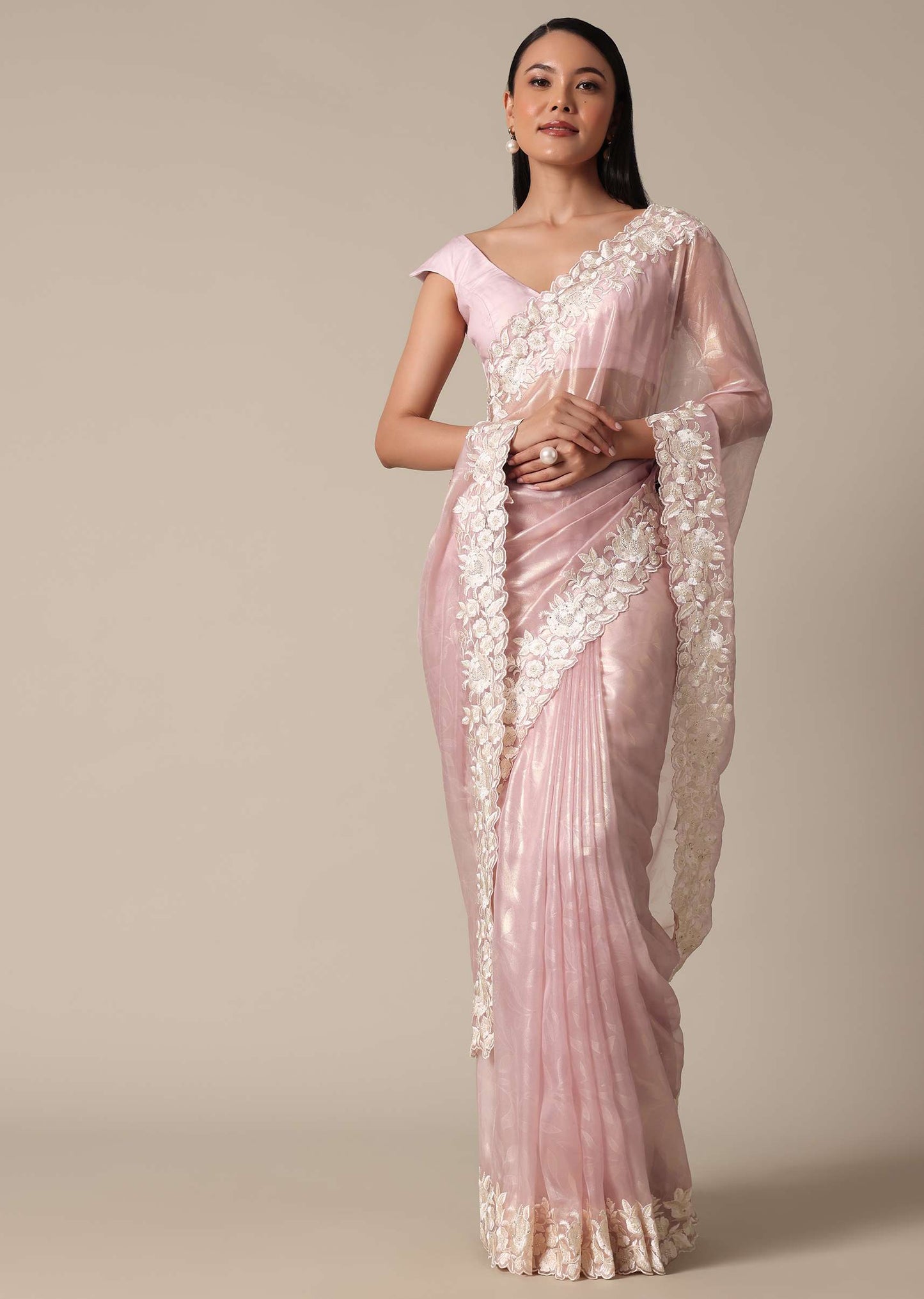 Chic Pink Saree With Resham Thread Work Border