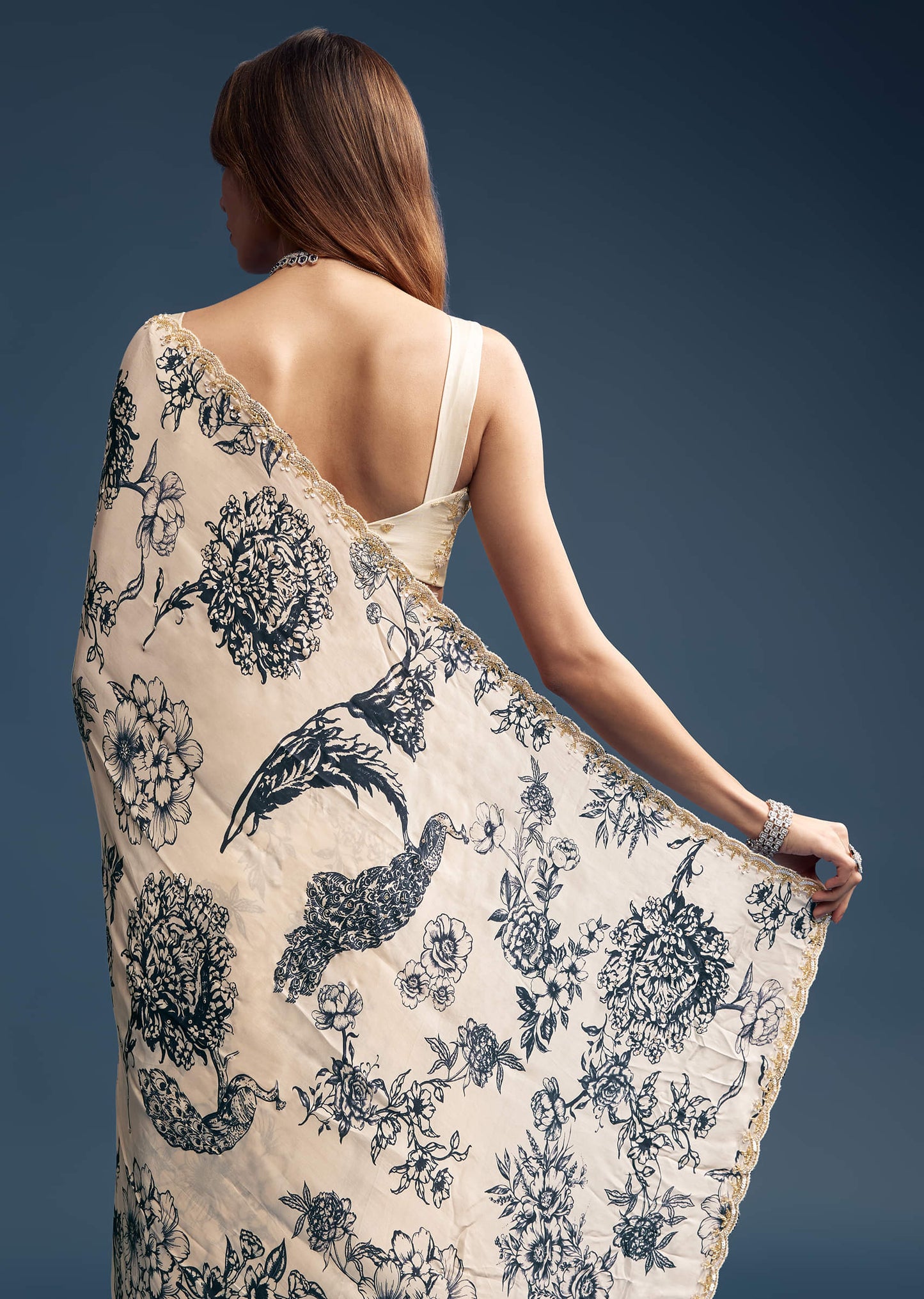 Cream Crepe Saree With Black Floral Print And Embroidery