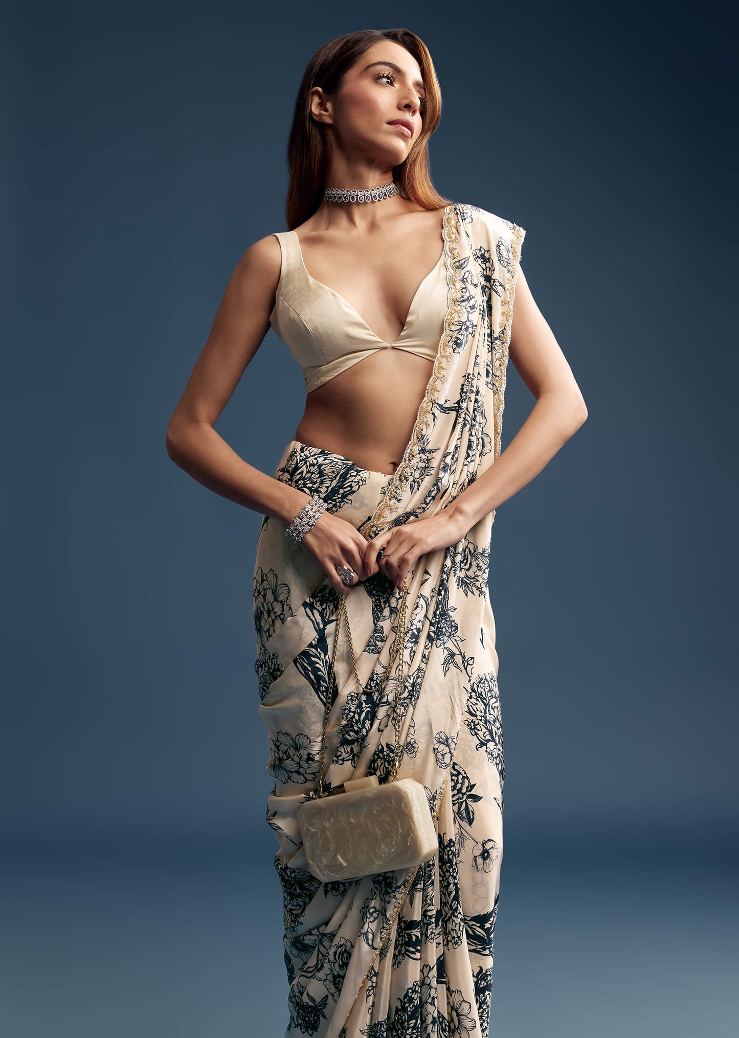 Cream Crepe Saree With Black Floral Print And Embroidery